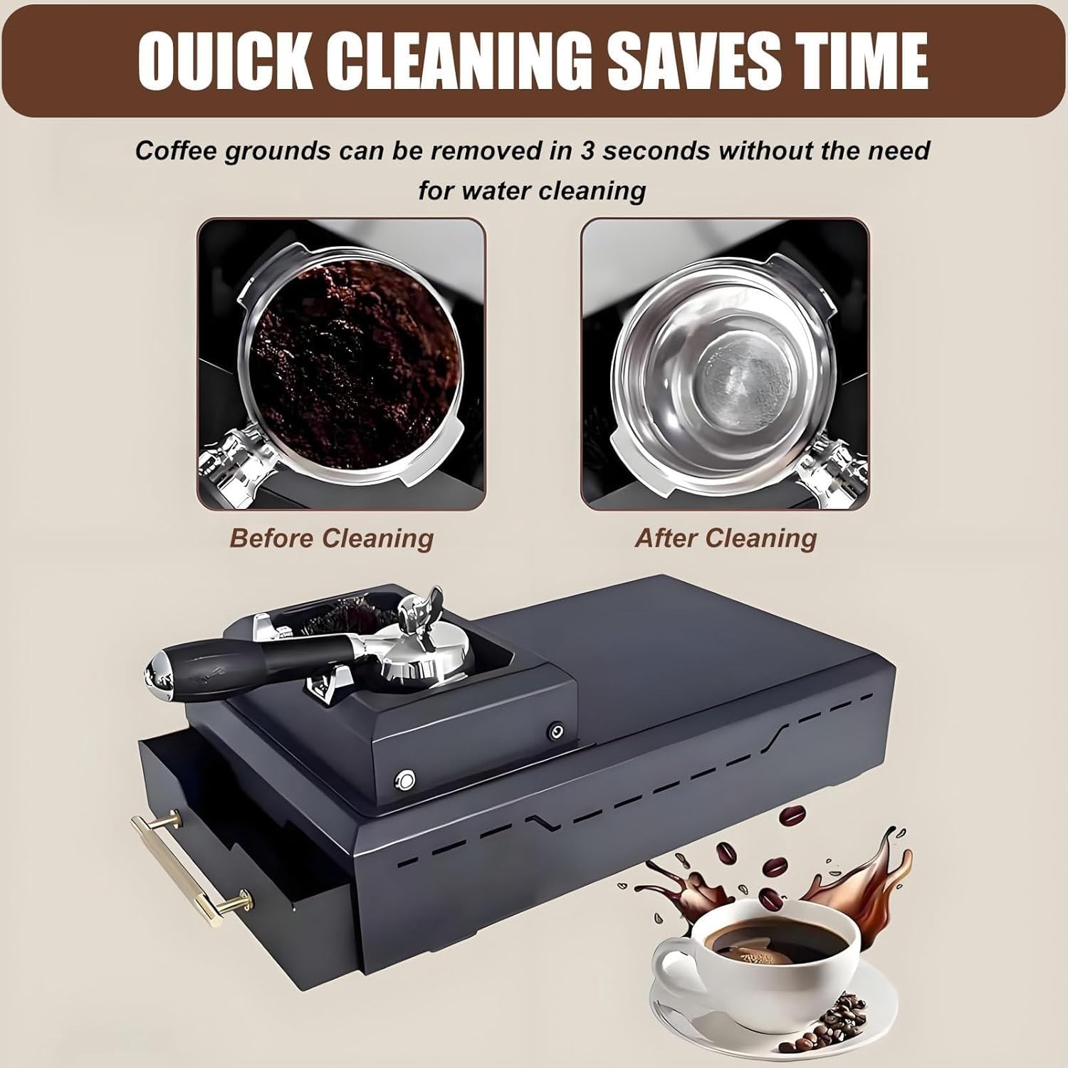 Limpiador Automático De Portafiltro para Cafetera Espresso Eléctrica De 150 W, Kit De Limpieza De Portafiltro De Café, Recipiente Grande para Posos con 1 Cabezal De Cepillo Y 2 Raspadores
