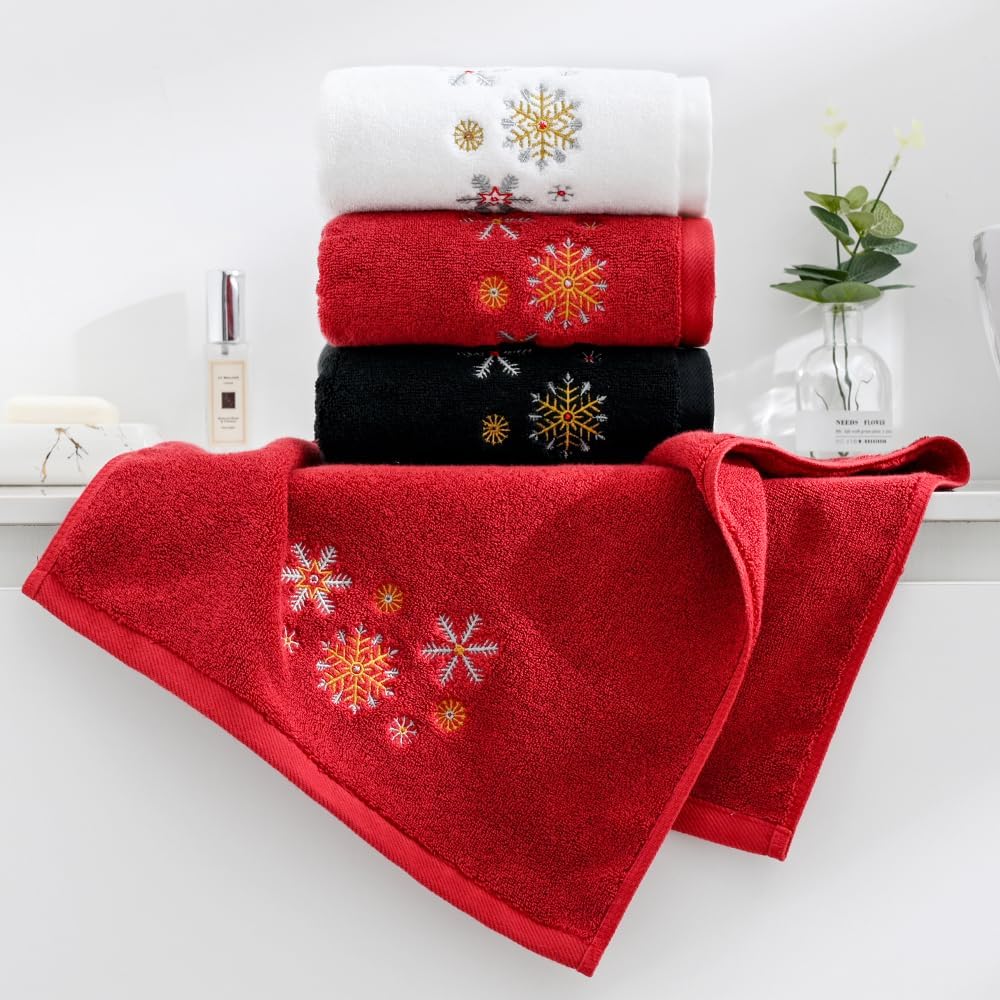 sense gnosis Red Hand Towel Set of 2 Ultra Soft 100% Cotton Thick Highly Absorbent Christmas Snow Embroidered Luxury Hand Towels for Bathroom Decorative 13 X 29 Inch - Image 6