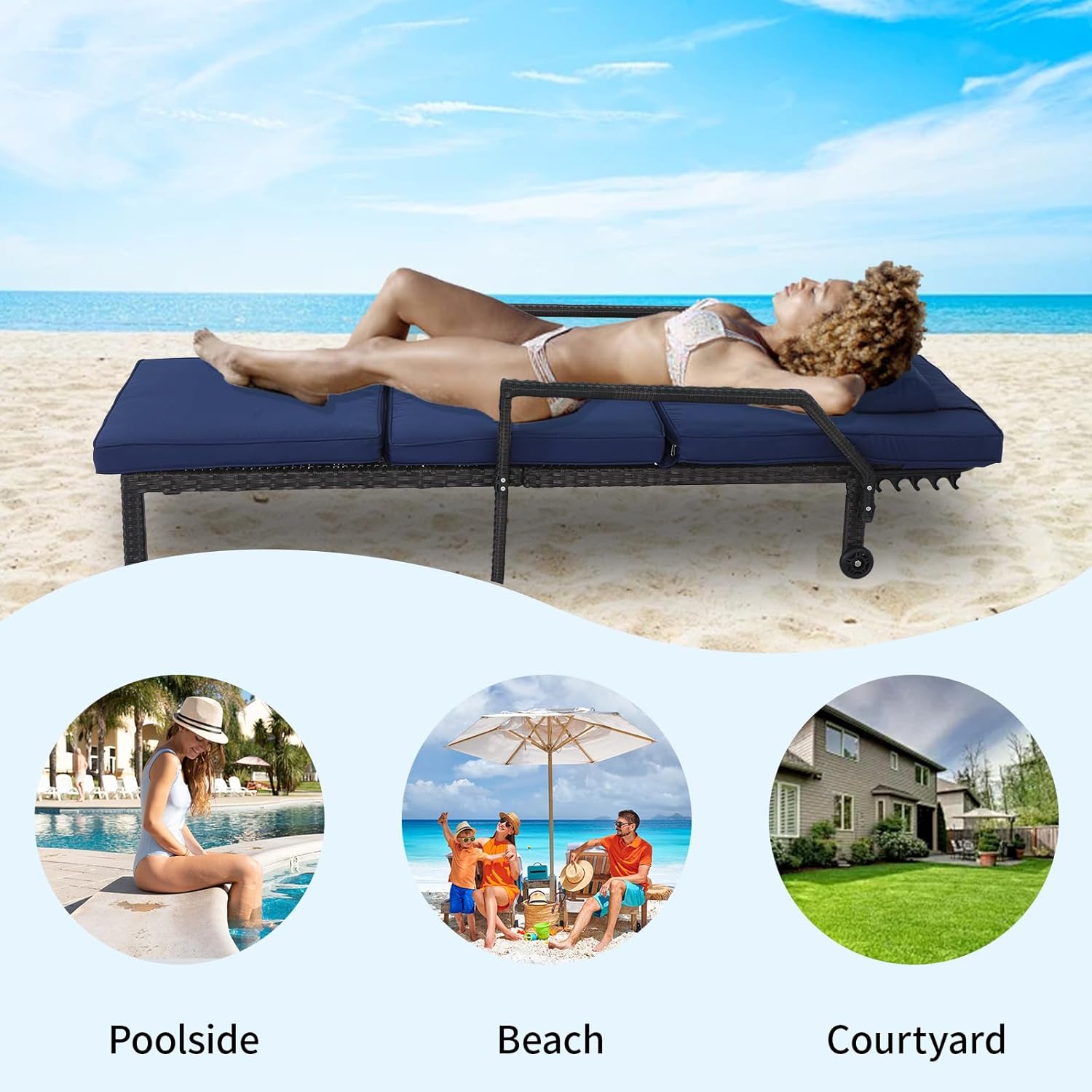 Patio Chaise Lounge – Adjustable Outdoor Lounge Chairs with Cushions & Headrest – All-Weather Rattan Reclining Lounge Chairs for Poolside, Garden, and Patio (1 Pc, Blue)