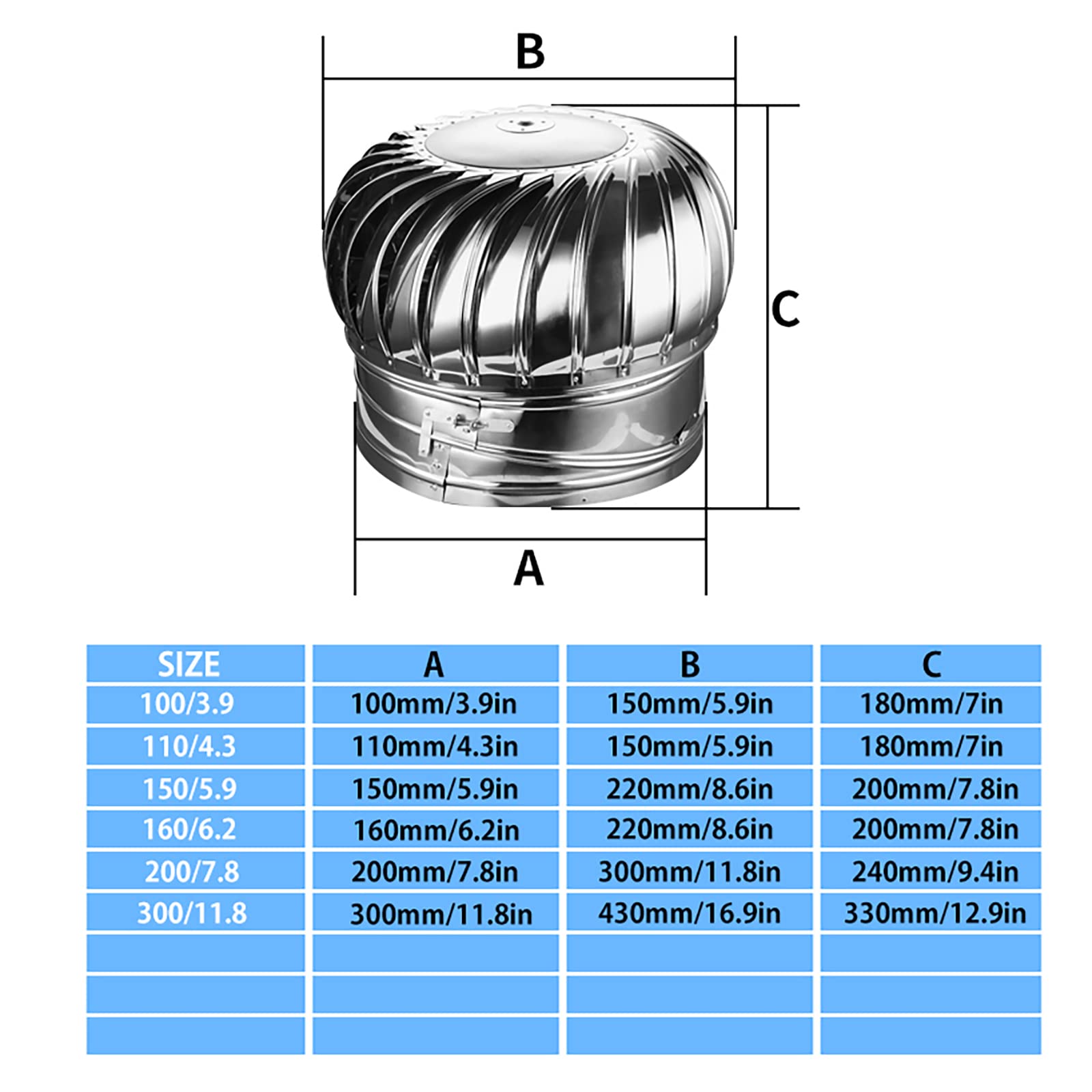 Tubos de ventilación para techos de Acero Inoxidable 304, Tapas para chimeneas, sombrerete Giratorio para Chimenea, Ventilador, turbina, Resistente a la Intemperie, robus