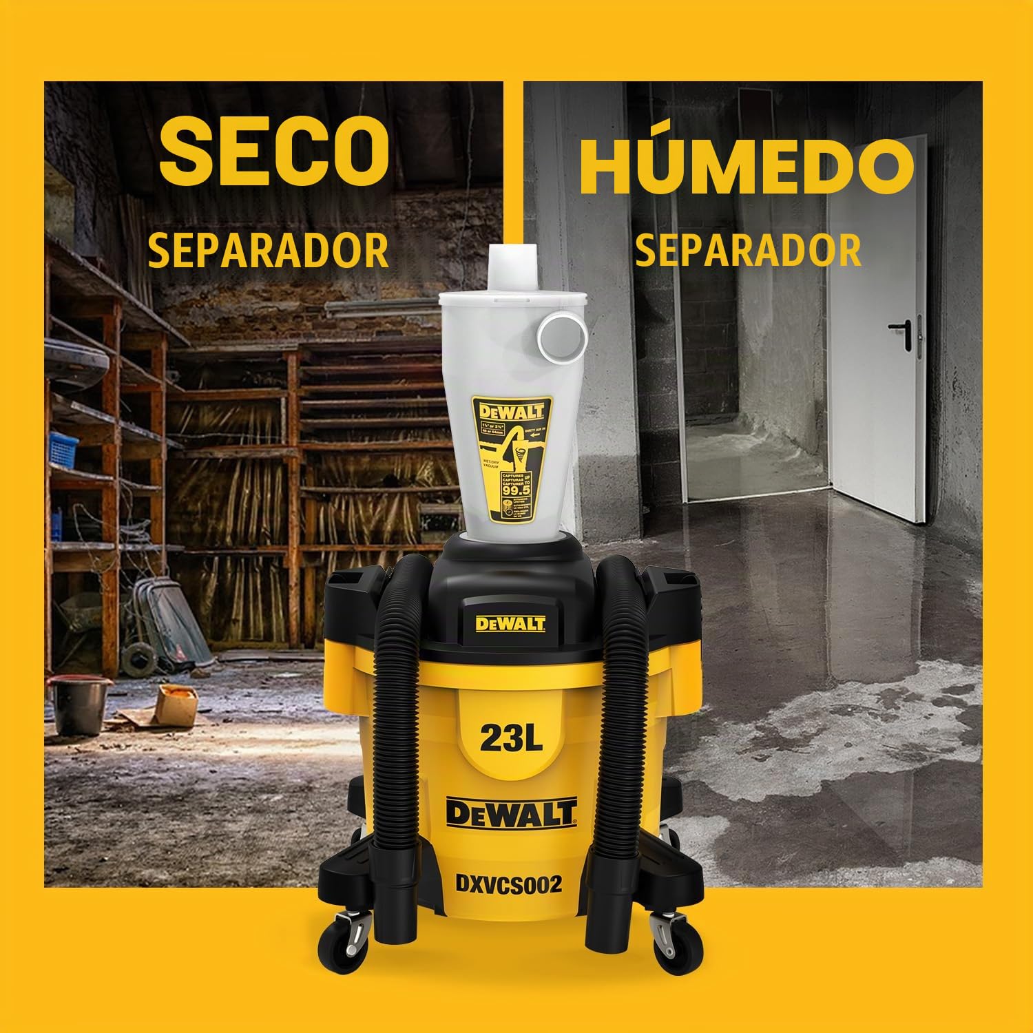 DEWALT DXVCS002 Cyclone - Filtro de Polvo para aspiradora (Separa el 99% del Material Antes de Que Llegue a tu aspiradora) Filtro Separador ciclónico Taller de extracción con Tanque de Polvo de 23 L