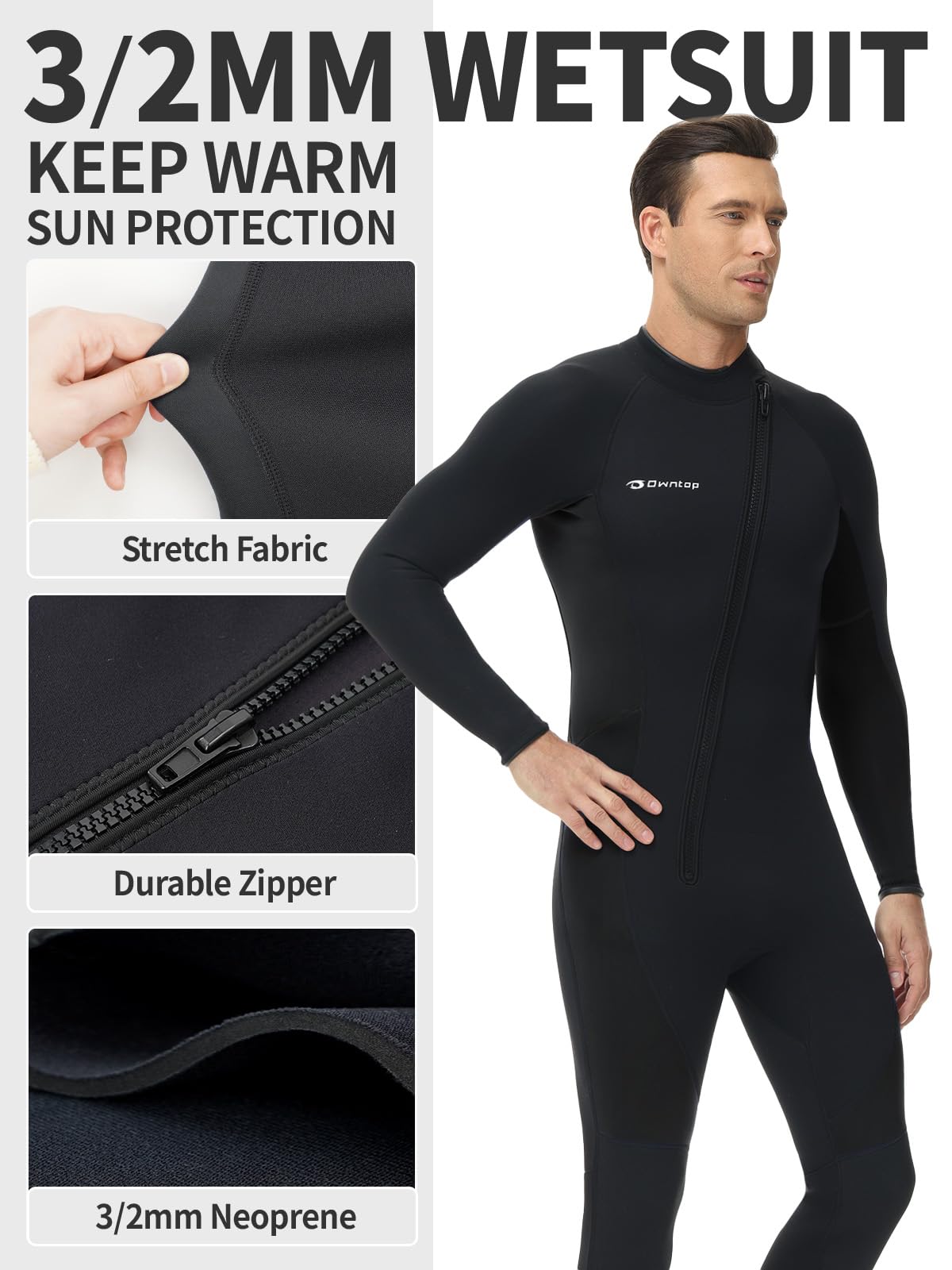Owntop Męski Damski Wetsuit 3mm - Pełne Kombinezony Do Nurkowania Z Zamkiem Z Przodu, Termiczna Pełna Długość Skóry Do Nurkowania Z Rozciągliwego Neoprenu Dla Surfingu Snorkelingu