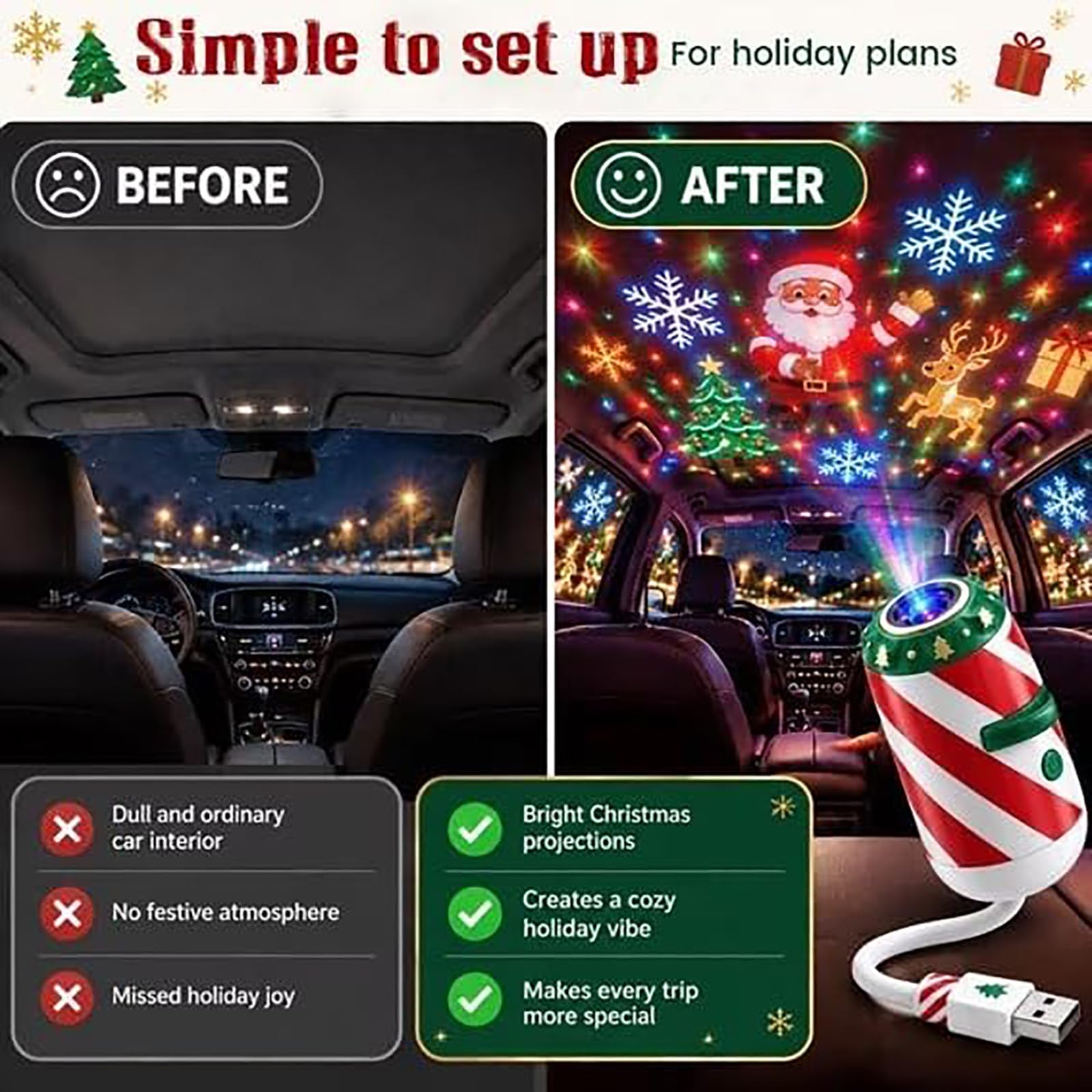 Luce proiettore natalizia per auto, alimentata tramite USB (24PCS)