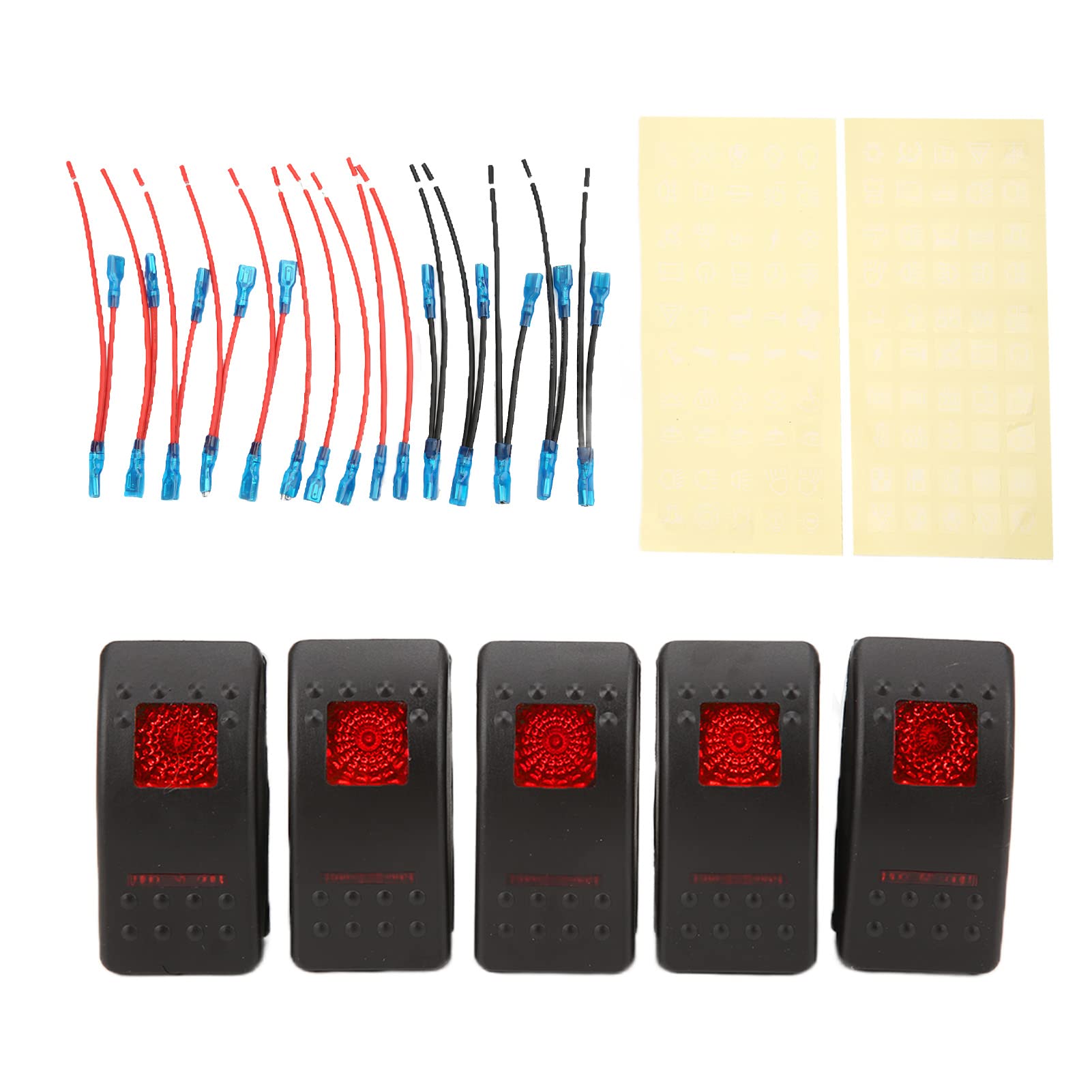 5 paczek SPST przełącznik kołyskowy 5 Pin czerwony podświetlany On Off 12 V 24 V 20A 10A dla samochodu SUV ATV 4x4 motocykl z naklejkami świecącymi w nocy