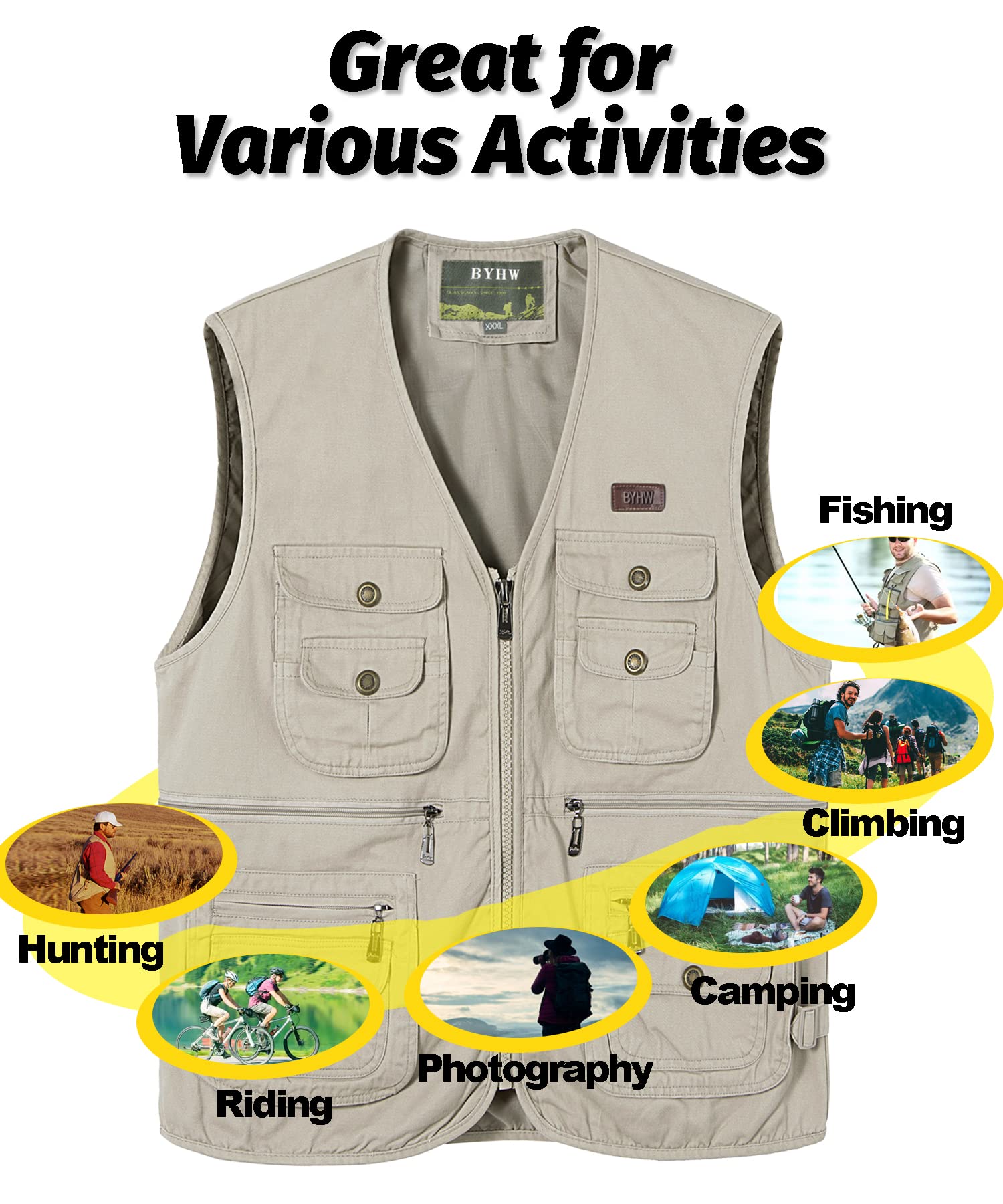 Chaleco de Pesca para Hombre con Multibolsillos Chaleco de Fotografia Caza Algodón Chaquetas sin Mangas Tipo Safari
