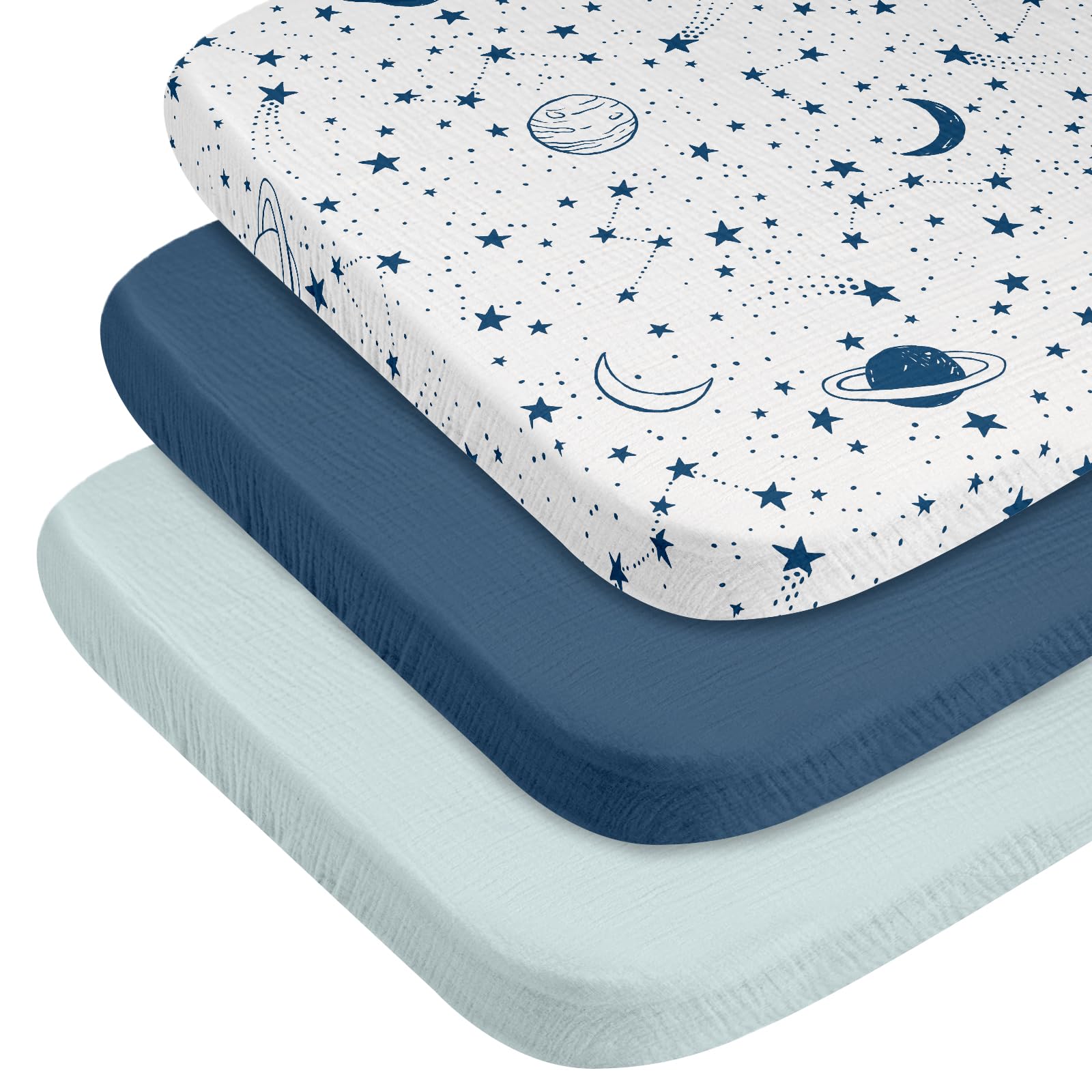 Gllquen Baby Confezione da 3 lenzuola in mussola per mini culla, traspiranti, con angoli, in morbido cotone confortevole, per neonati e ragazze, con angoli universali, per mini culla, 96,5 x 66 cm