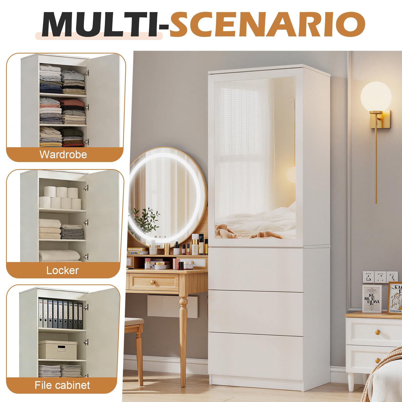 Kleiderschrank mit Spiegel,Mehrzweckschrank mit 3 Einlegeböden & 3 Schubladen, kompakter und funktionaler Schrank,Haushaltsschrank für Schlafzimmer, Flur oder Arbeitszimmer,180x50x40 cm,Weiß