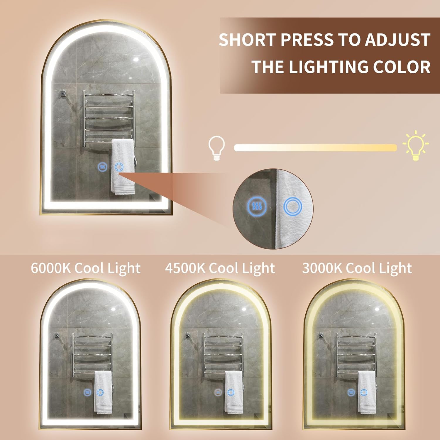 24" x 36" LED Bathroom Mirror with Lights, Gold Arched LED Mirror for Bathroom, Lighted, Anti-Fog, Dimmable Adjustable, 3 Colors, Vertical/Horizontal, CRI90+,Touch Button