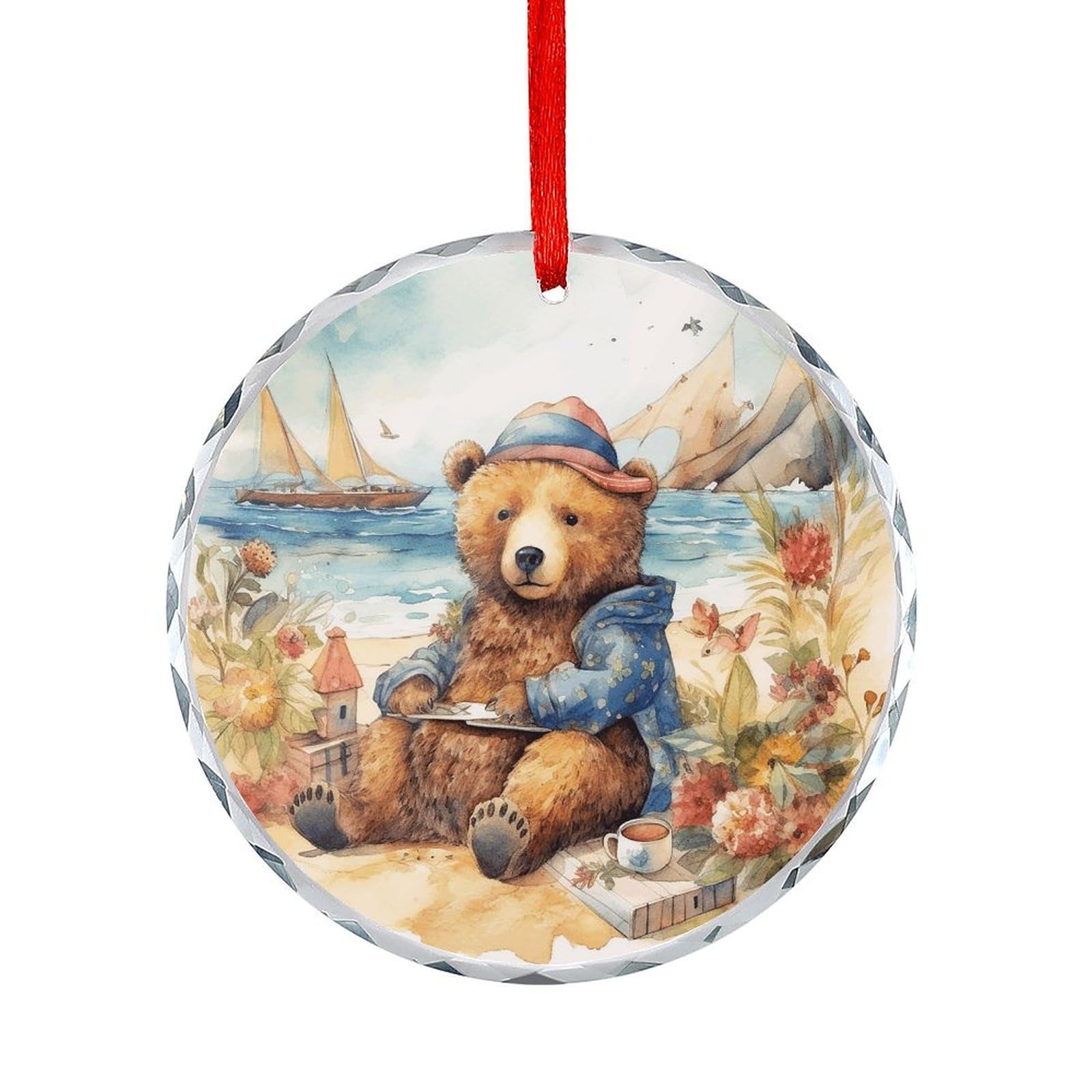 Btcowzrv Style A Bear On The Beach Round Ornament Hanging Pendant Decor