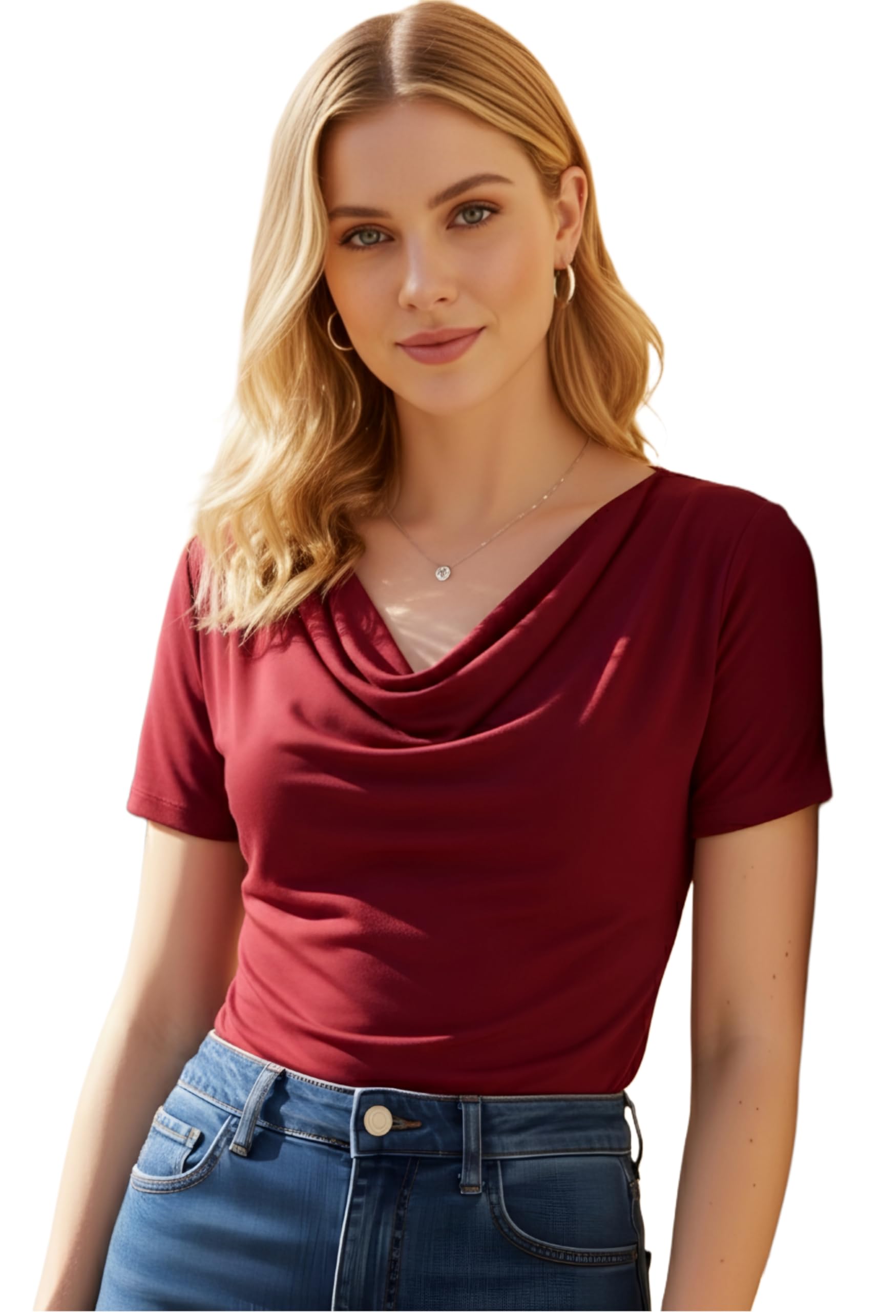 sightbomb Softline Cowl Neck Short Sleeves Microfiber Cuddle Tee Waterfall Drape Top for Women-picture-37