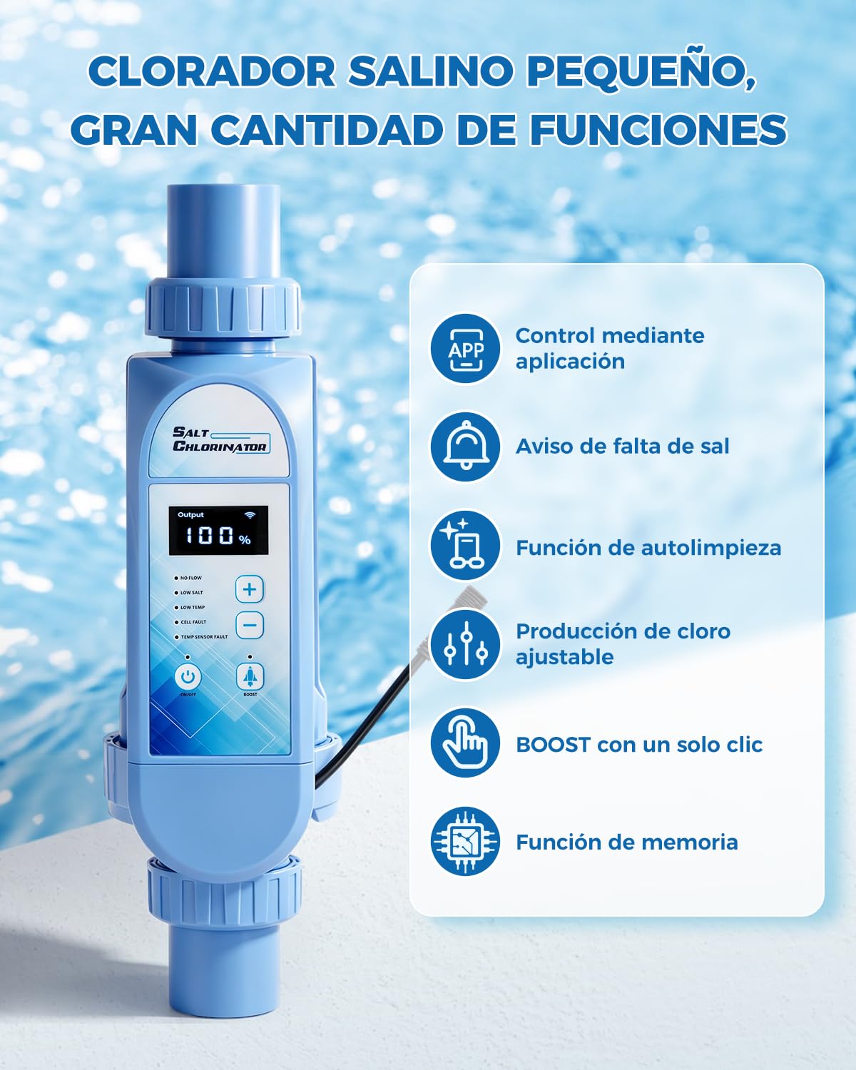 YUCHENGTECH Clorador Salino para Piscinas 12 g/h | Capacidad de Hasta 50 m³ Con Célula de Titanio, Panel de Control LED y Función de Autolimpieza para Piscinas Enterradas