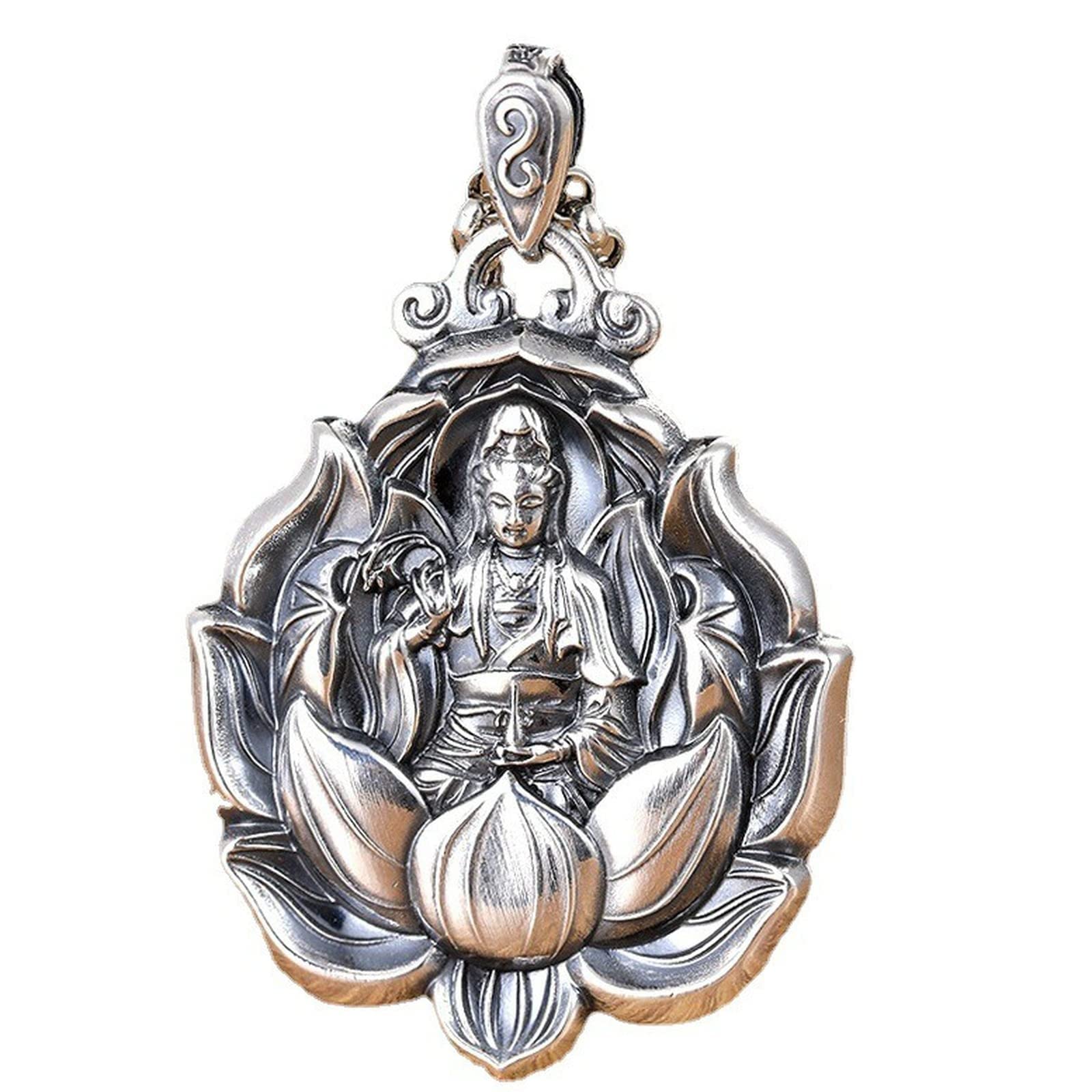 Buddha Necklace Quan Yin Pendant Guan Yin Beaded Chain Pure Brass Kwan-yin Chinese Feng Shui Amulet for Wealth Safe (Retro Women)