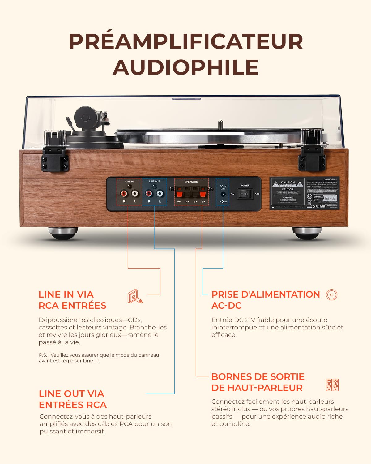 QLEARSOUL HiFire X Platine Vinyle, Système Tourne-Disque HiFi Audiophile avec Enceintes Bibliothèque 100W, VU Mètre, Préampli DSP, Compatible 33/45 RPM, RCA Line in | Out
