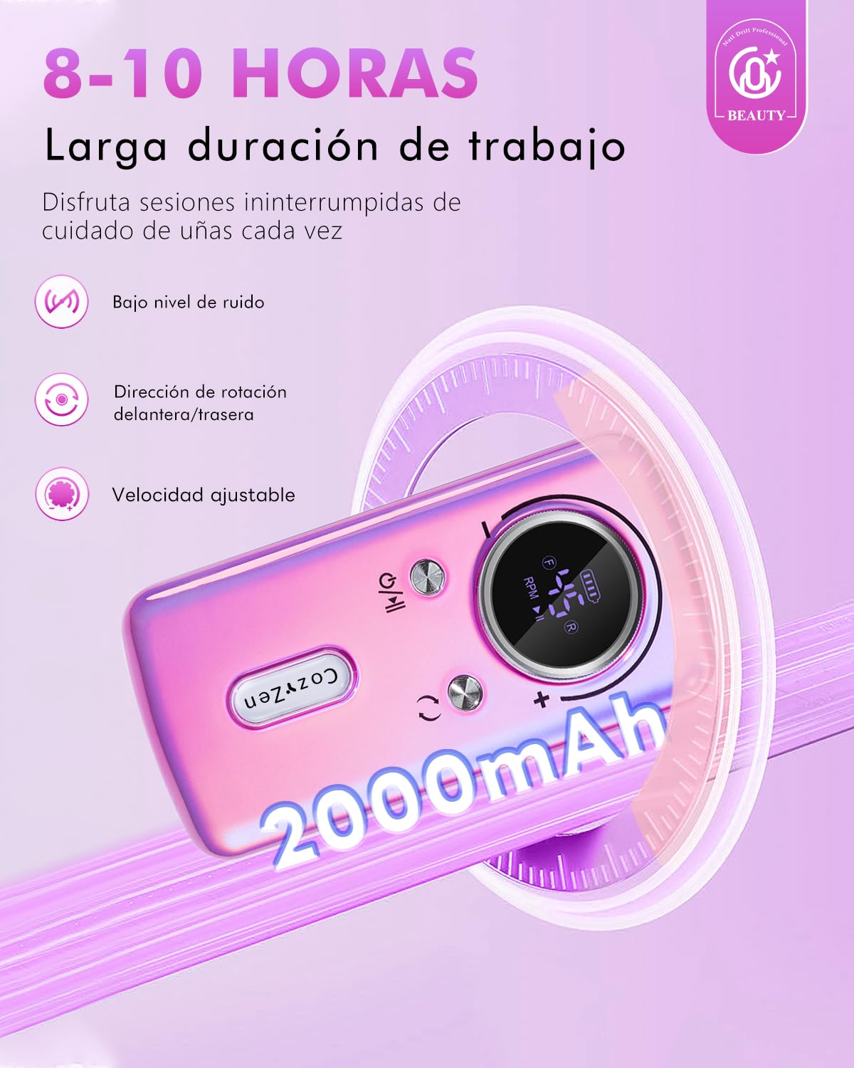 CozyZen Torno de uñas inalámbrico profesional: kit de lima de uñas eléctrica recargable de 45000 RPM, portátil y silencioso para uñas acrílicas, uñas de gel, manicura y pedicura - uso en salón y en