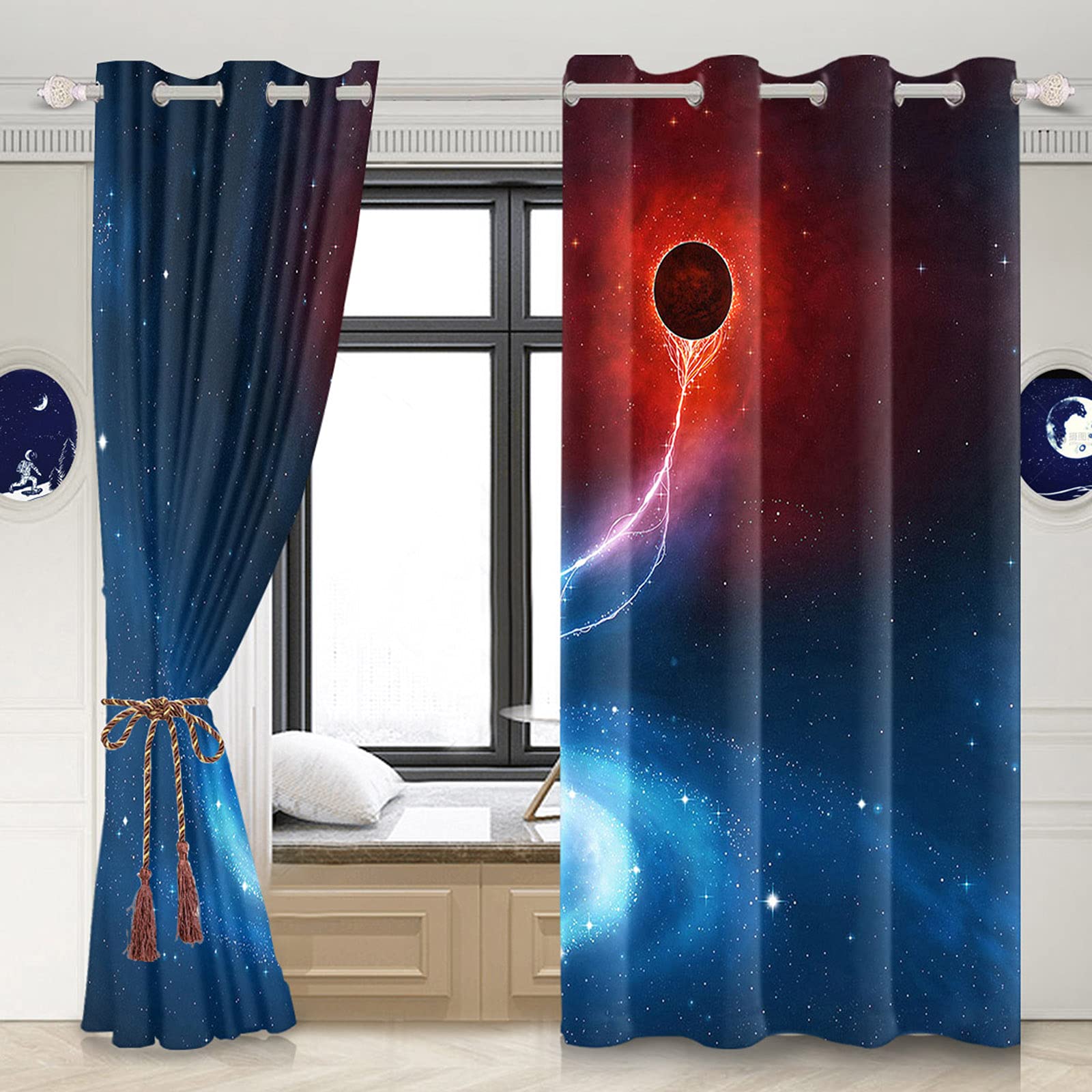 Amazon｜Yeele カラフルな銀河ウィンドウカーテン 宇宙 ブルーとレッド