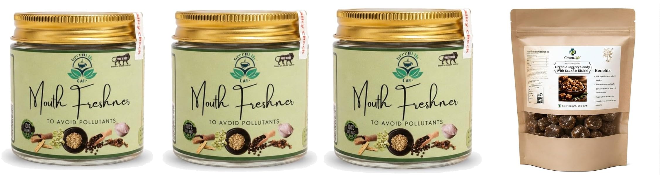 Organic Jaggery Candy with Saunf & Elaichi 250g | Candypack of 3GREEN LIFE Digestive Mukhwas 50g | Mouth Freshener for Fresh Breath & After Meal Refreshment | Hygienically Pack-image-12