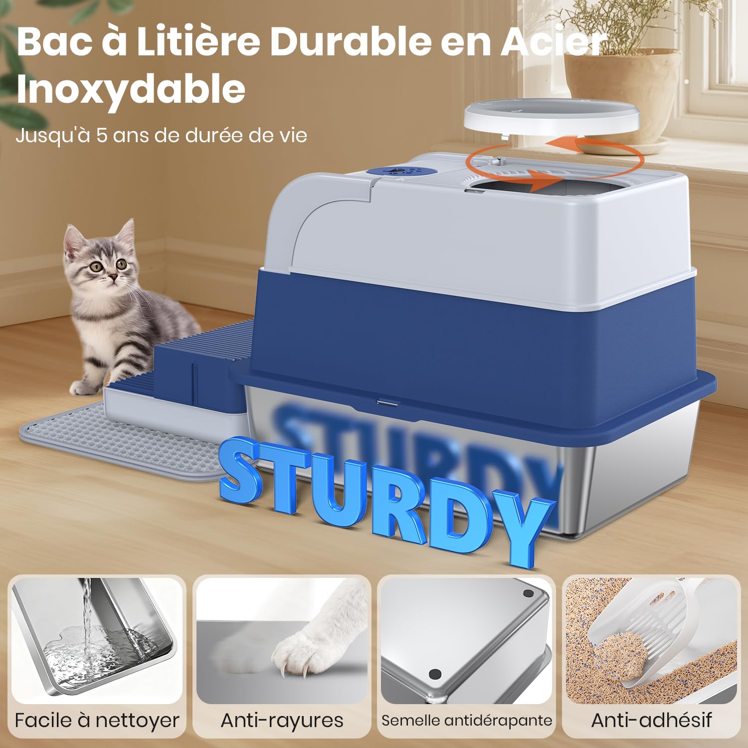 XXL Bac Litière pour Chat en Acier Inoxydable avec Couvercle, Litière Fermée Cityflee, Bac à Litière Couvert avec Entrée par Le Dessus et l'avant, Inclut Tapis et Pelle à Litière, Contrôle des Odeurs