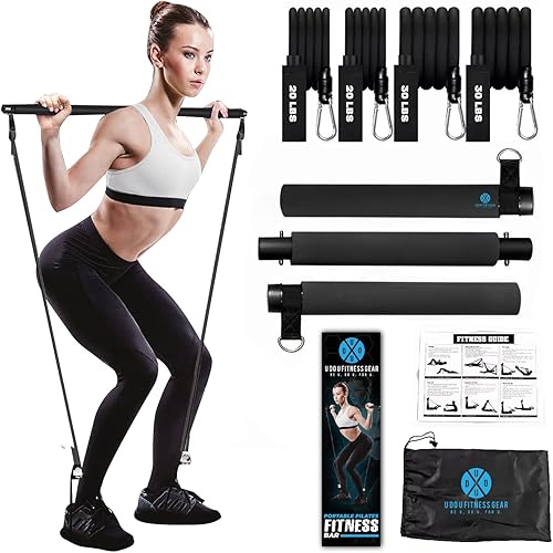 Pilates Bar Kit with Resistance Bands - Workout Equipment for Home Workouts - Pilates Stick - Resistance Kit - Leg Workout Bands - Fitness Equipment Women - Beginner Yoga Kit - Exercise & Fitness