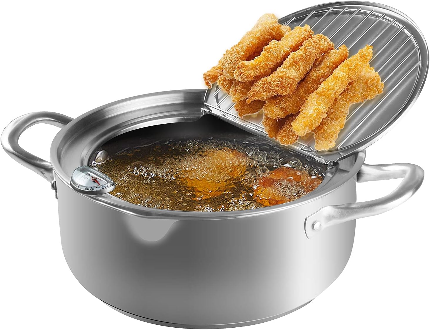 japanese style deep frying pot, 304 Stainless Steel Tempura Fryer with Thermometer, Lid Japanese Style Tempura Fryer Pan Uncoated Fryer (9.4)