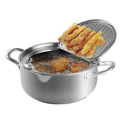 japanese style deep frying pot, 304 Stainless Steel Tempura Fryer with Thermometer, Lid Japanese Style Tempura Fryer Pan Uncoated Fryer (9.4)