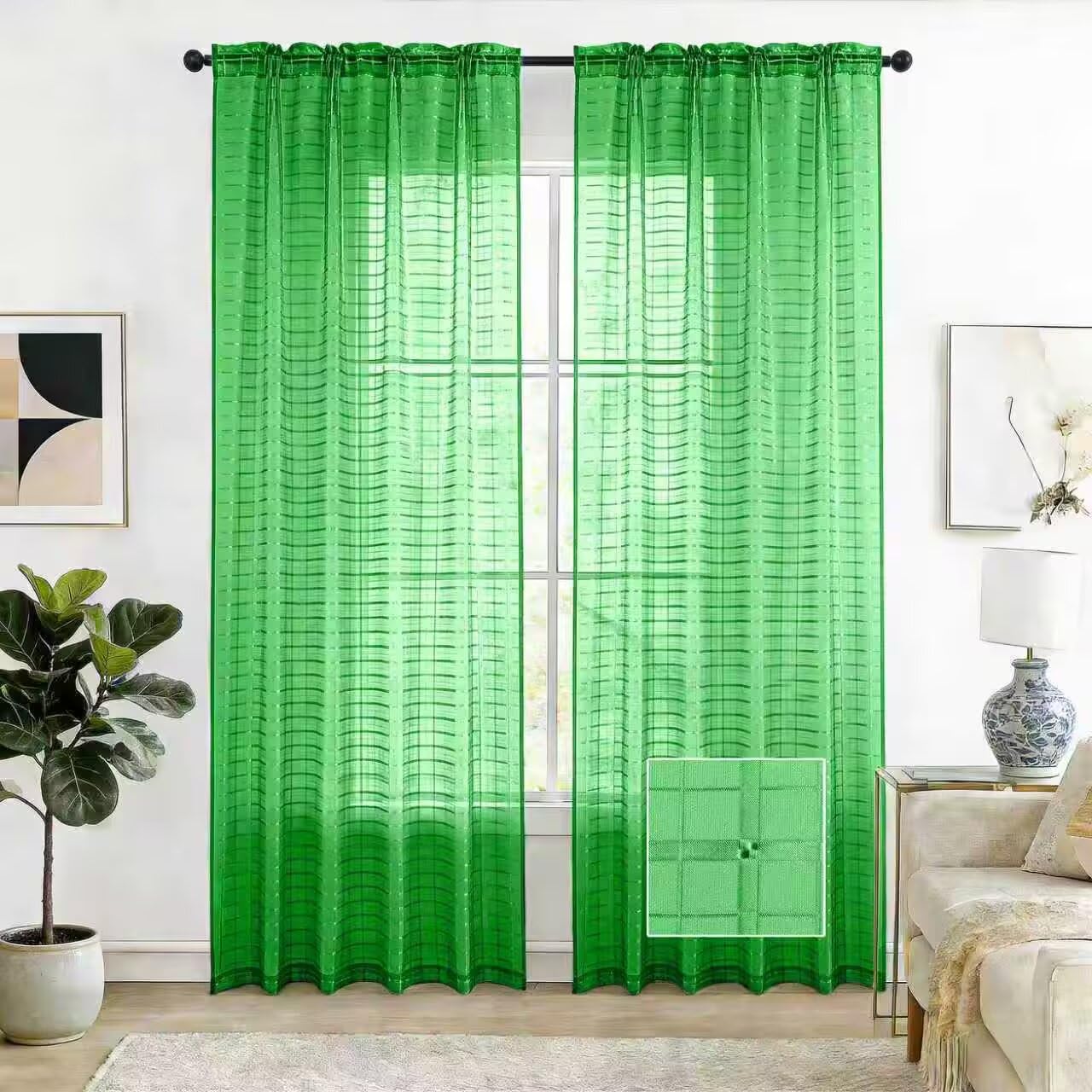 SpaceDresser Check Sheer Curtains 45 Inches 2 Panels Set, Rod Pocket Plaid Window Curtain for Living Room, Green Semi Sheer Drapes for Kitchen Bedroom Children Room Yard（Green, 52W x 45L）