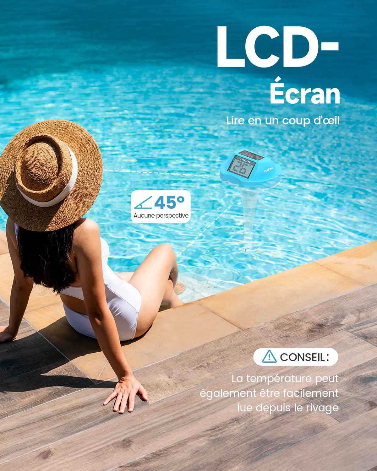 Thermometre Piscine à Double Écran, Lecture Facile, Thermomètre Piscine Flottant avec Affichage Numérique, Étanche IPX7 pour Spas, Bains Froids et Piscines (bleu)