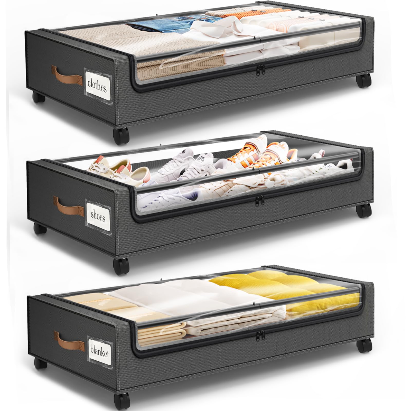 Contenitore sotto il letto con ruote, confezione da 3 contenitori con finestra trasparente