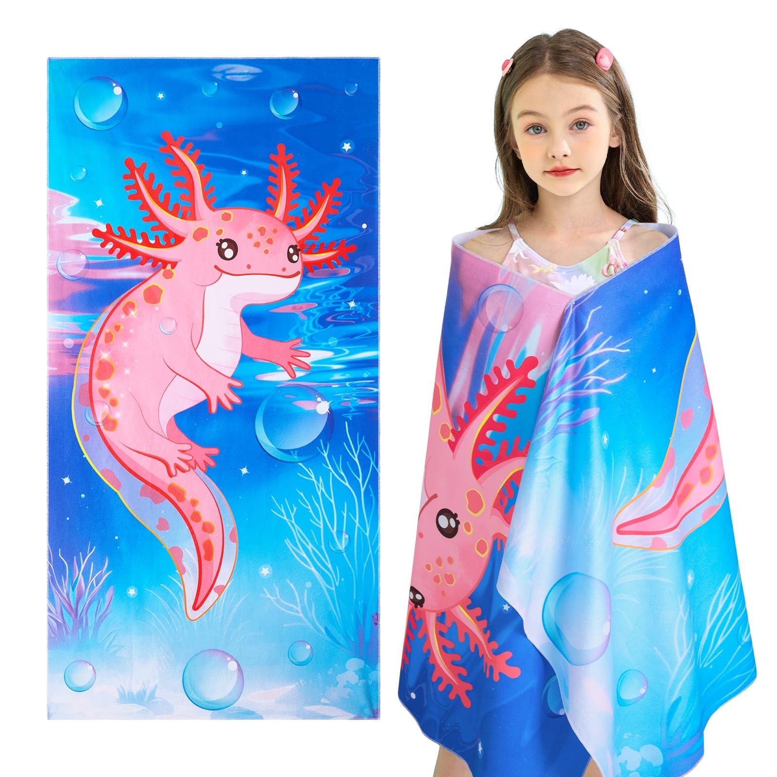 WERNNSAI Dinosaur Kids Beach Towel for Girls 76 x 150cm Axolotl Sand Free Swim Towels for Girls Bath Pool Camping Travel Towel Quick Dry Ultra Absorbent Super Soft Beach Blanket Bath Shower Towel - Image 2