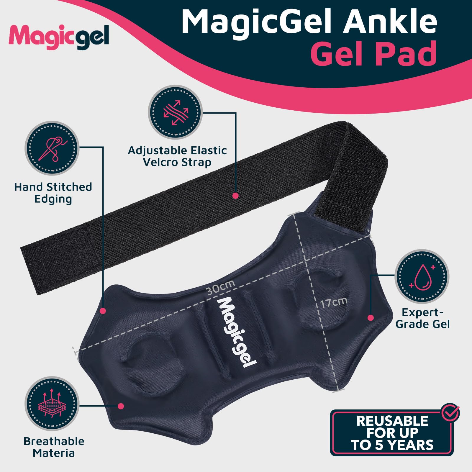 Magic Gel Cavigliera Ghiaccio per Gonfiore e Distorsioni, Impacco Gel Riutilizzabile Caldo/Freddo per Infortuni alla Caviglia e Tendinite d’Achille, Fascia Regolabile per Ginocchio, Gomito e Polso