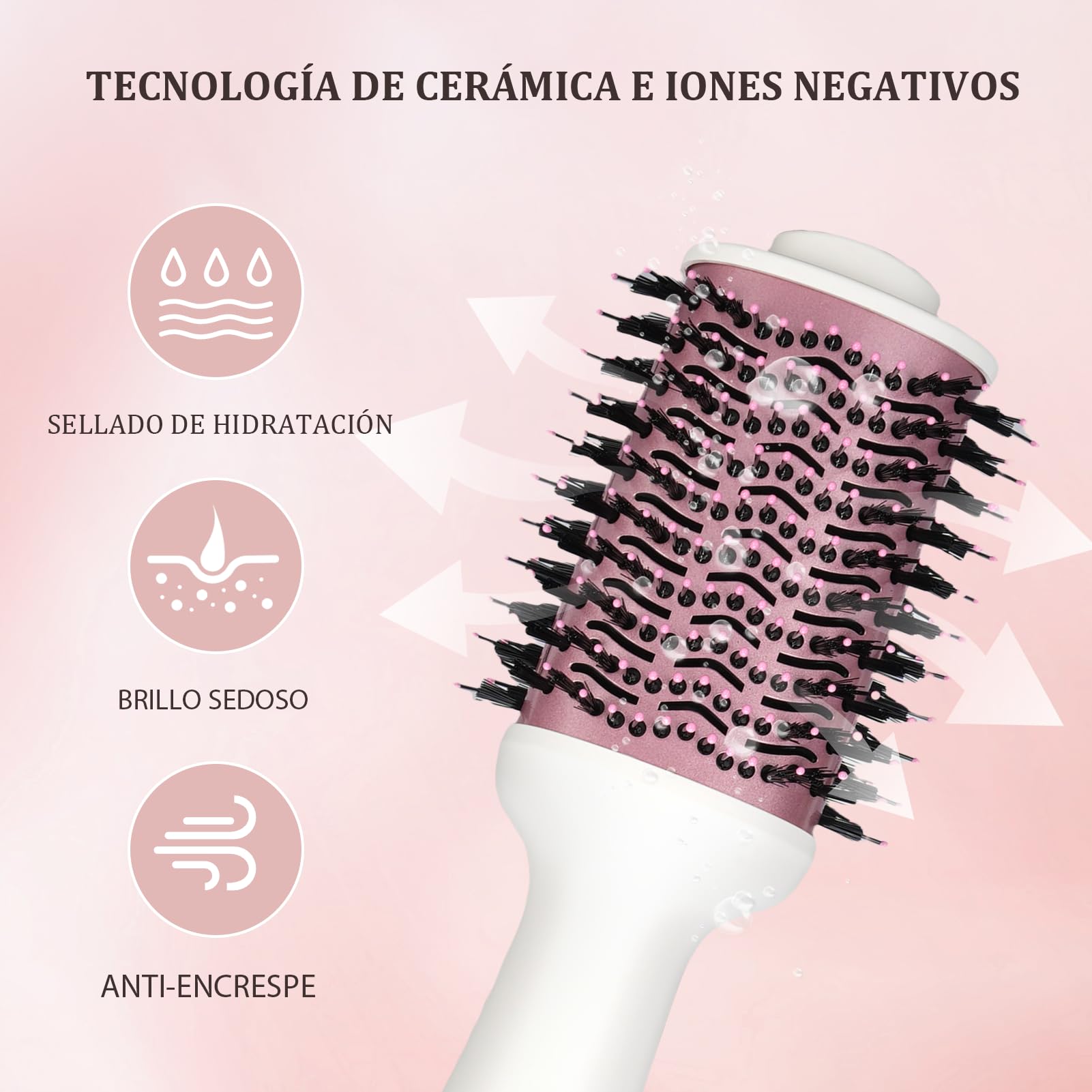 Cepillo Secador Alisar Rizar con Iones Negativos 1200W | Cepillo secador de pelo con voltaje universal, cable trasero giratorio 360°, apto para cabello medio y largo