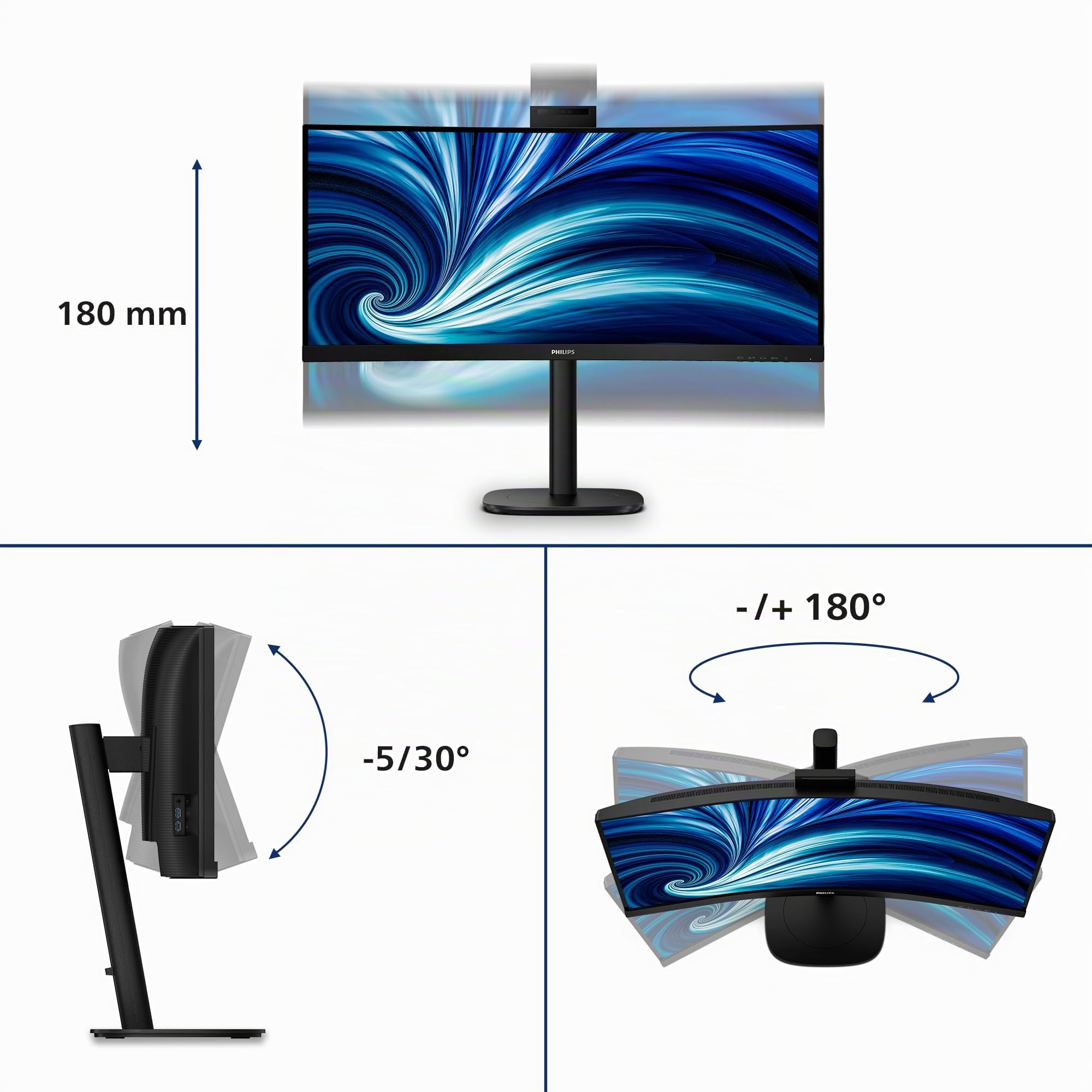 Philips 34B2U3600CH USB Hub curvo Monitor 34 pollici UW-QHD, 120Hz, VA, 4ms GtG, HDR10, Web cam, Speakers (3440x1440 HDMI 2x 2.0 DP 1x 1.4) nero