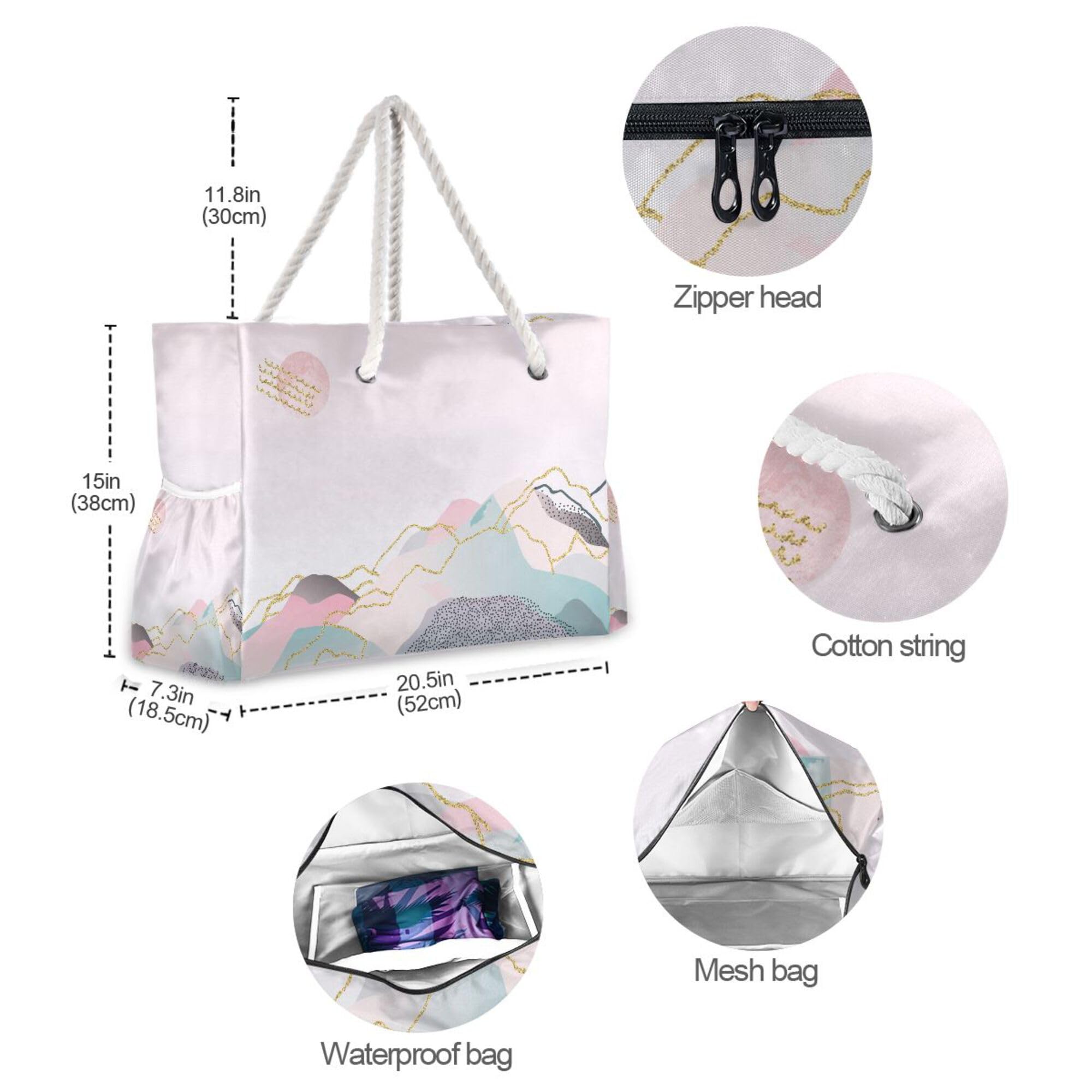 ALAZA Große Strandtasche für Damen, Kaktusgrün, Sukkulenten, Pflanzen, Blumenmuster, sanddicht, Strandtasche, wasserdicht, mit Reißverschluss, Nasstaschen, Reise-/Fitness-/Schwimmtasche