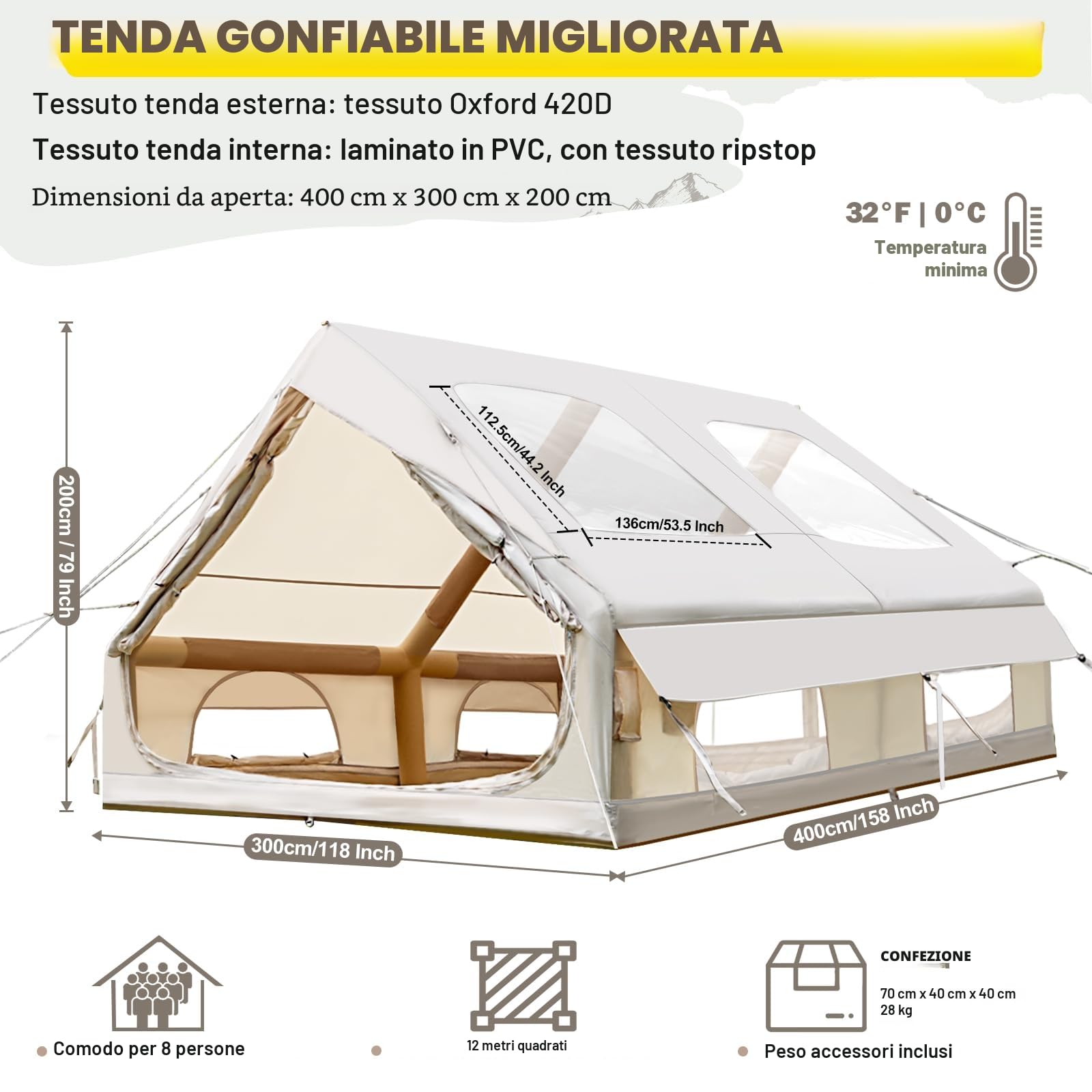 Tenda da campeggio gonfiabile 2-8 persone con apertura camino e lucernario, Oxford impermeabile 4 stagioni, pompa aria