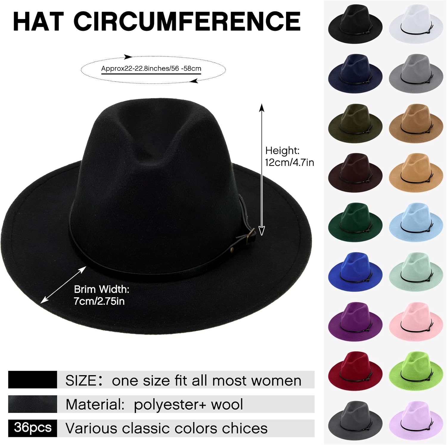 Janmercy 36 Pcs Classic Large Brim Hat for Women Bulk Adjustable Felt Panama Hat with Belt Buckle, Vintage, Assorted Colors