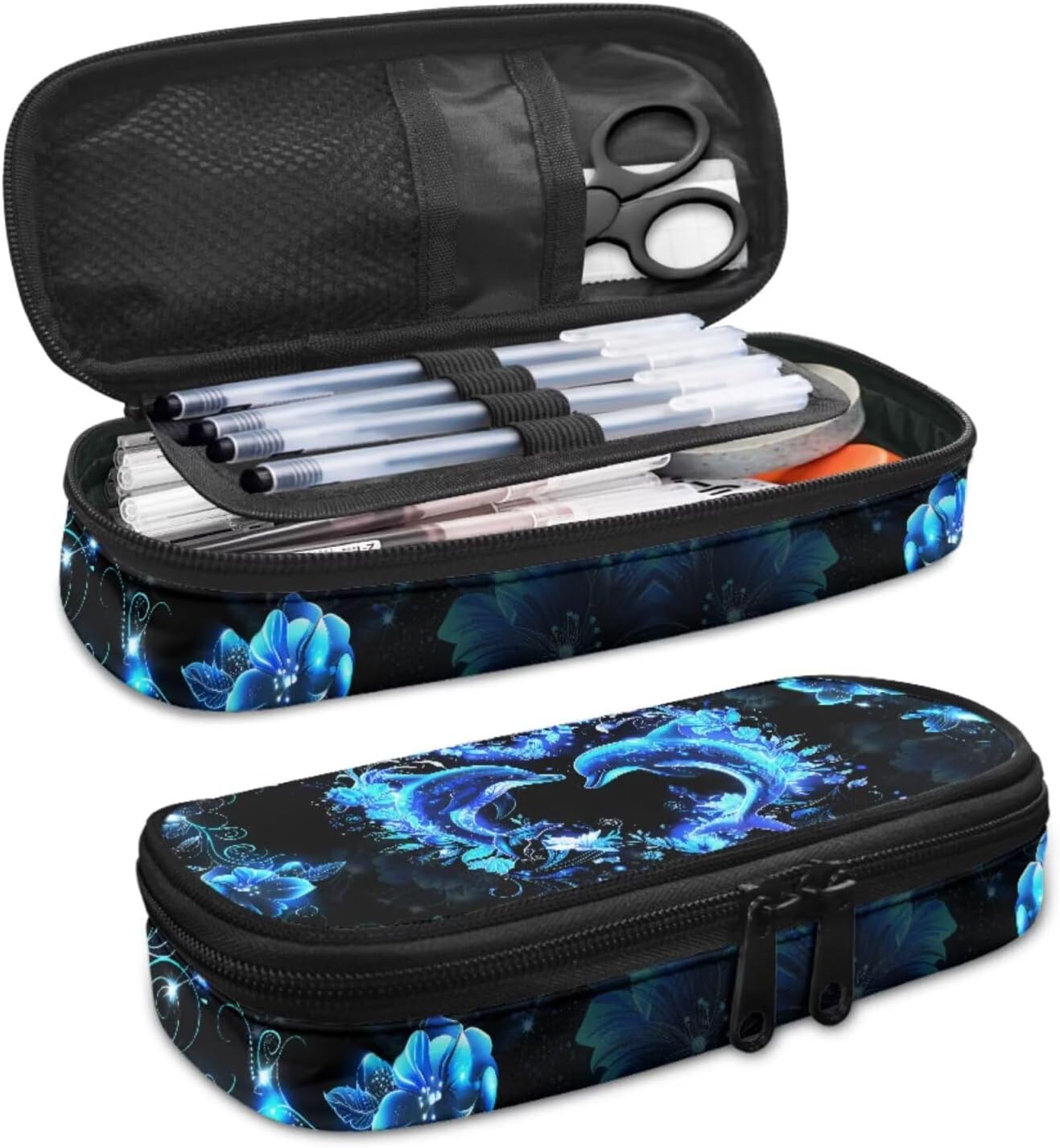 Dolphin Backpack for Girls Kids Backpack with Lunch Box and Aesthetic Pencil Case 3PCS Set Cute Bookbag with Compartments for School Teens 17 inch Large Capacity School Bag with Side Pocket
