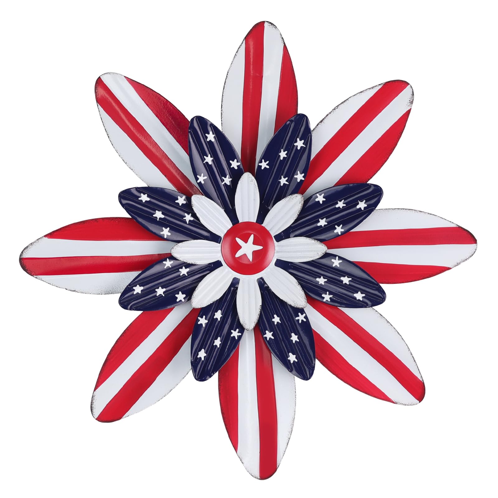 hogardeck 4th of July Decorations Outdoor, 16 inch Red White and Blue Metal Flower Wall Art for Fourth of July Decor, Patriotic Decorations for Yard