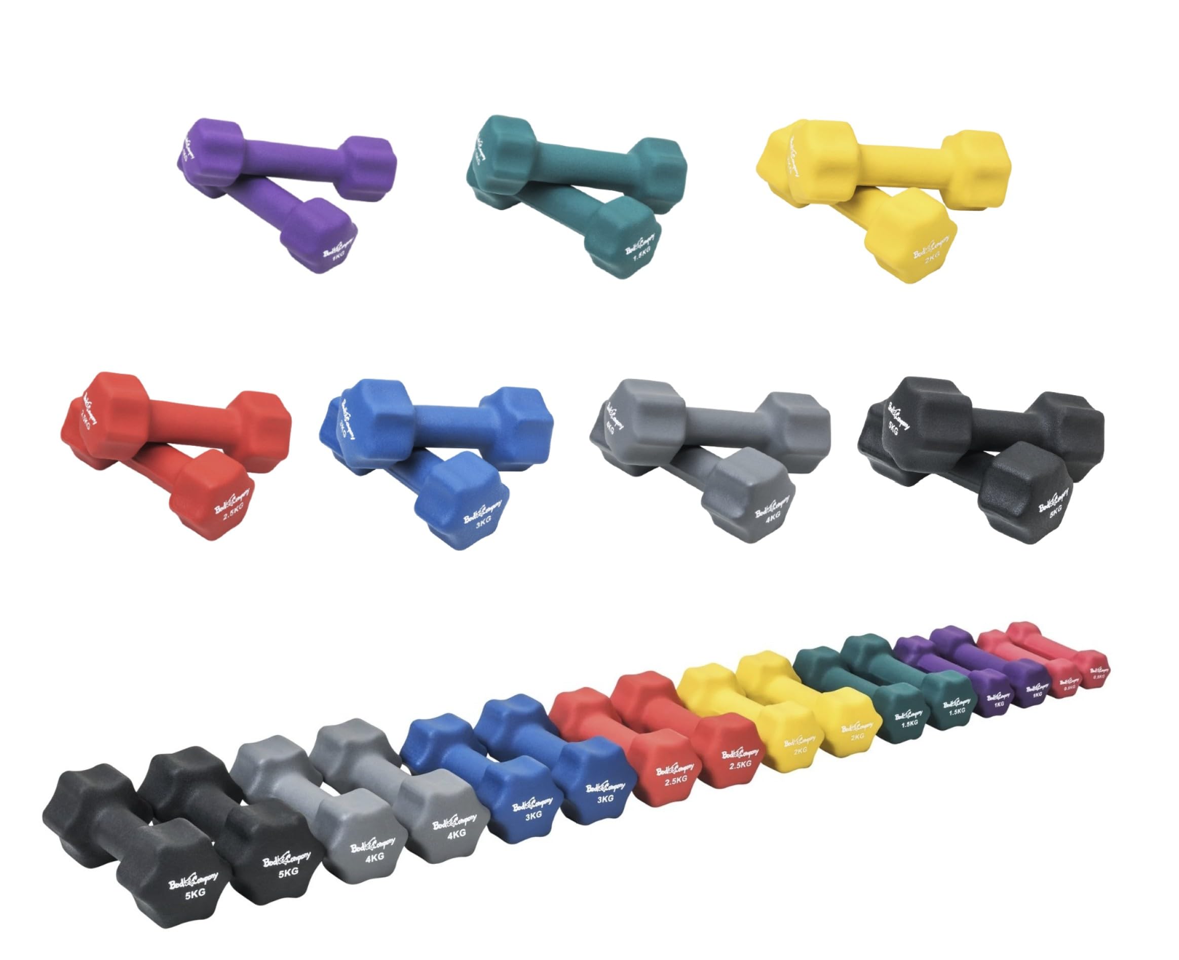 Bad Company Neoprenowe hantle do aerobiku, gimnastyki i fitnessu I 2 x 1 kg + 2 x 1,5 kg + 2 x 2 kg + 2 x 2,5 kg + 2 x 3 kg + 2 x 4 kg + 2 x 5 kg