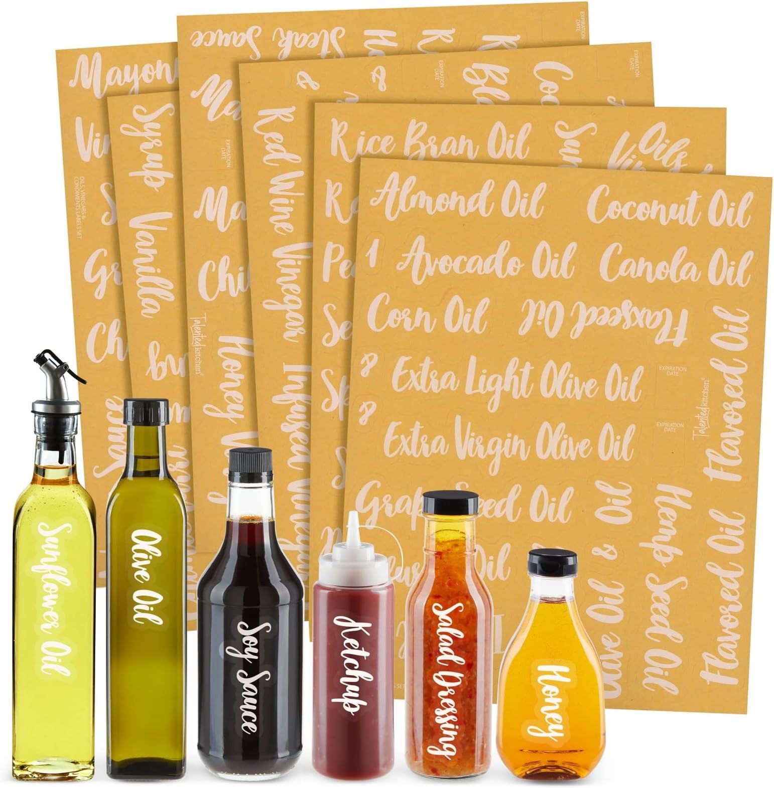 Talented Kitchen Kitchen Pantry Labels - 132 Clear Vinyl Cursive Stickers, White Font - Preprinted Condiment, Oil & Vinegar Labels for Bottles - Water Resistant Adhesive for Pantry Organization