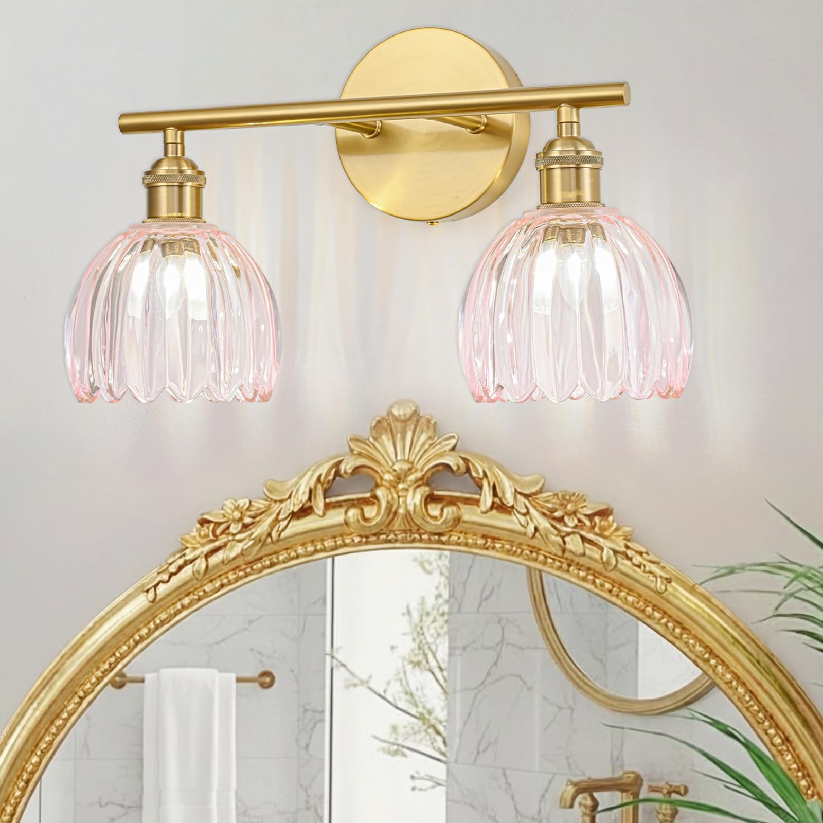 Gold Bathroom Light Fixtures Over Mirror, 2 Light Bathroom Vanity Light with Tulip Pink Glass Lampshade, Vintage Vanity Lights for Bathroom, Bathroom Vanity Lights Over Mirror