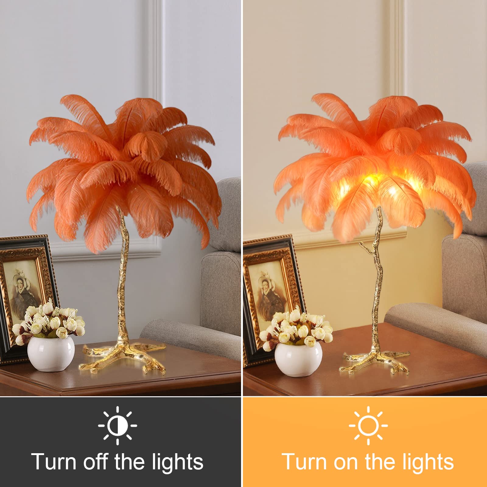 Harz Straußenfeder Tischlampe Nachttischlampe Licht orange braun weiß schwarz Feder Lampenschirm Wohnzimmer Tischleuchte Home Dekoration 80cm (orange)