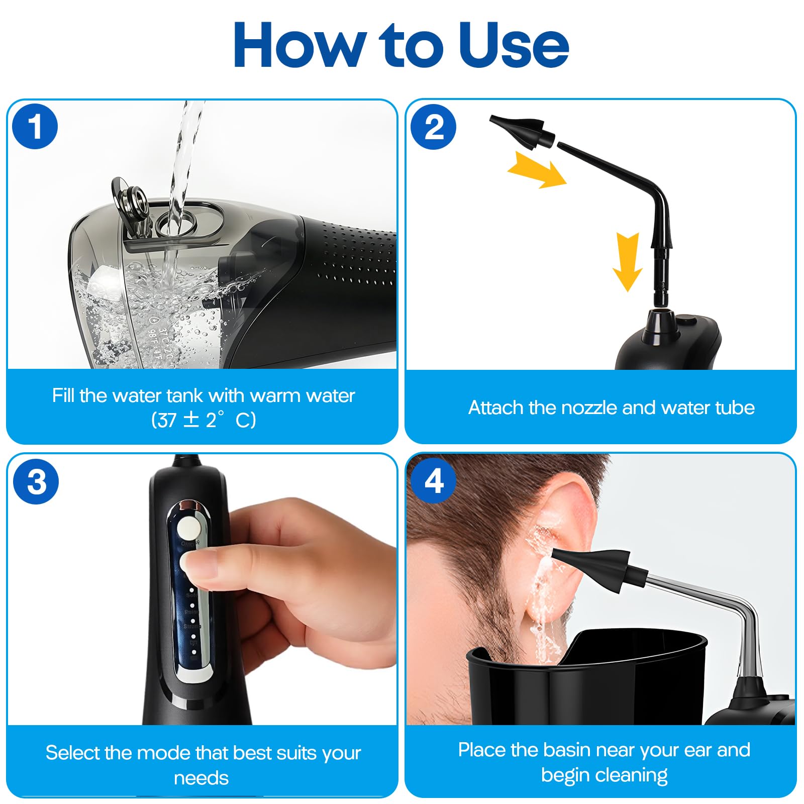 Pulitore elettrico dell'orecchio con 4 modalità di pressione, impermeabile IPX7, doccetta con 4 ugelli, risciacquo dell'orecchio per uso domestico, detergente per orecchie per bambini adulti, nero