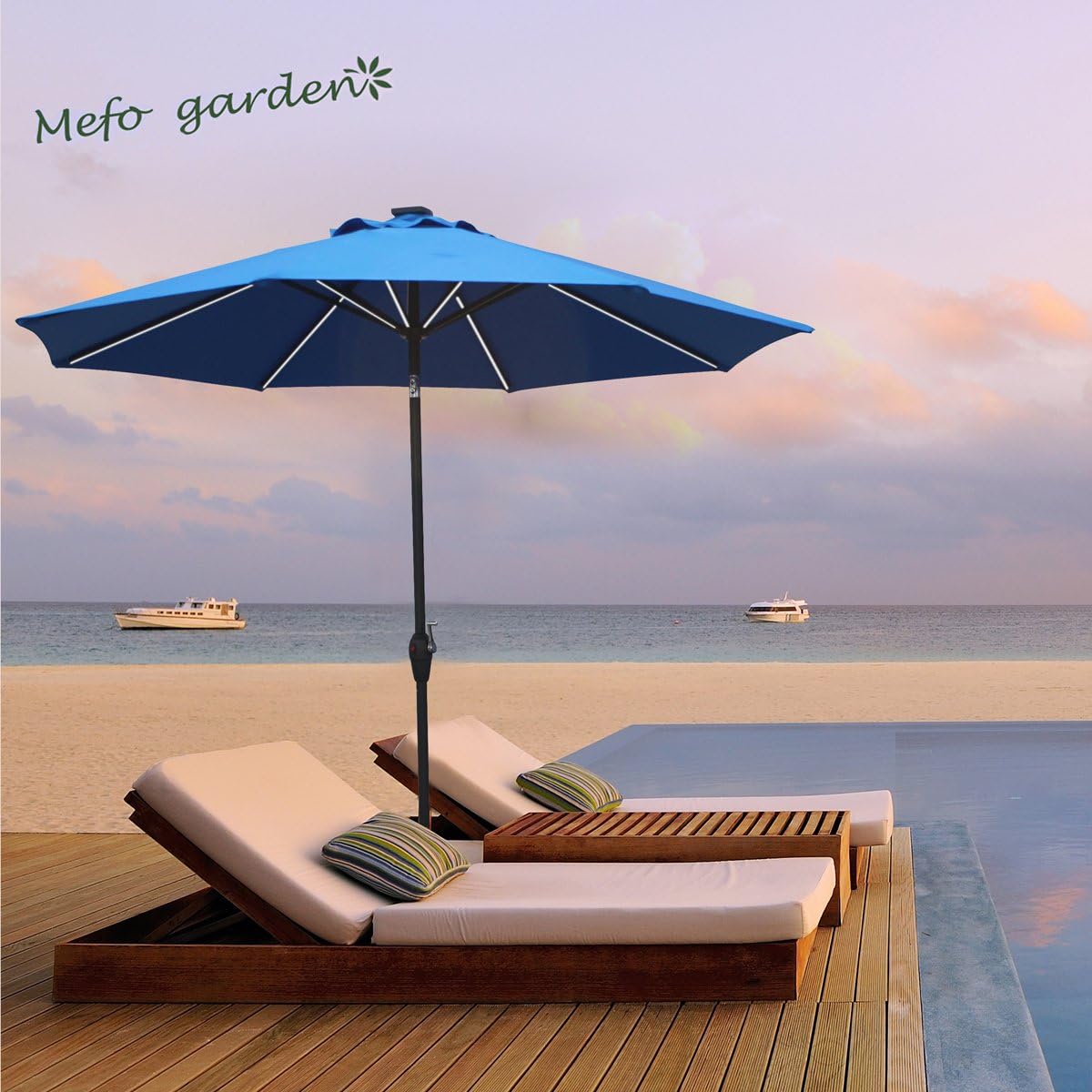 Amazon Com Mefo Garden 9 Ft Patio Market Umbrella Outdoor Aluminum With Solar Led Strips Crank Handle Blue Garden Outdoor