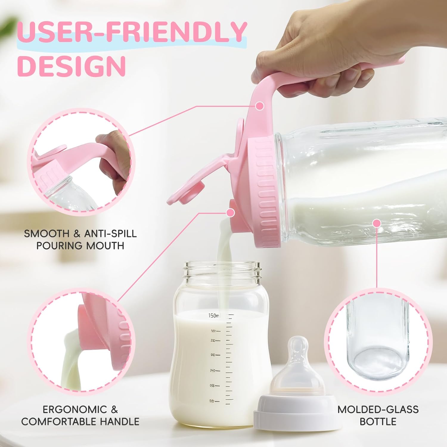 2 PACK Breast Milk Pitcher 32OZ Glass Breastmilk Pitcher with Lids Leak-proof Wide-mouth Mason Jar for Breastmilk, Resistant to Heat or Cold, Freezer-safe(Pink) - Image 4