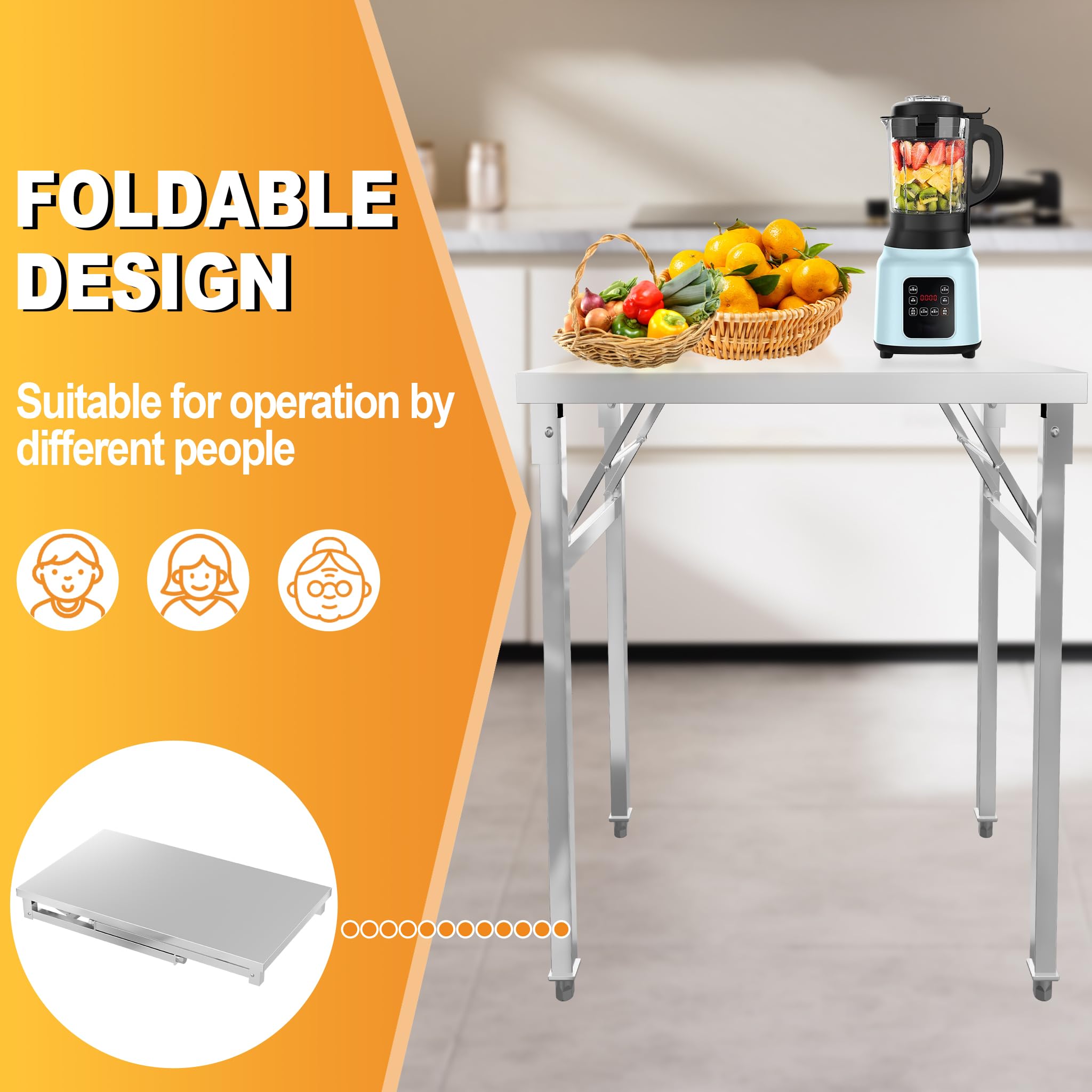 ACXIN Mesa plegable de acero inoxidable S, mesa de trabajo plegable, soporta hasta 300 kg, mesa de cocina, mesa de servir, higiénica y robusta, móvil para gastronomía, catering, taller, exterior (100