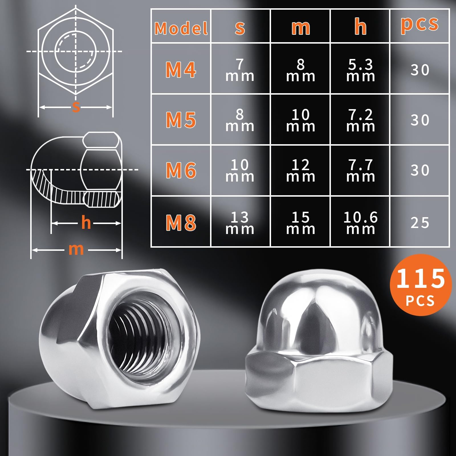 SWTYExt Zestaw 115 nakrętek do kapelusza, wysoki kształt, M4, M5, M6, M8, DIN 1587, sześciokątne nakrętki do kapelusza, stal nierdzewna, A2, V2A, nakrętki do samochodów, motocykli, konstrukcji