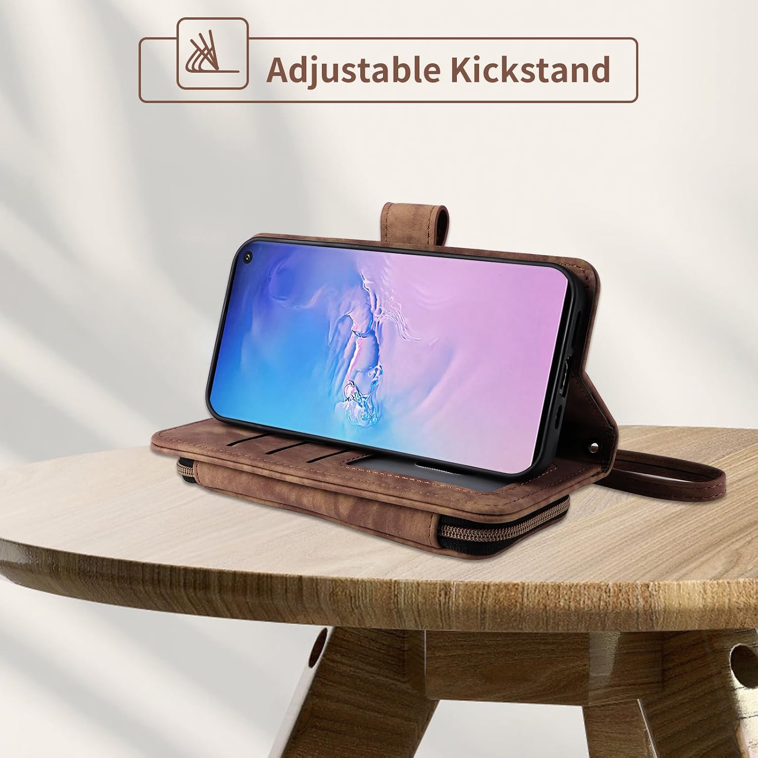 Phone Case for Samsung Galaxy S10 Wallet Cell Cover with Tempered Glass Screen Protector Crossbody Lanyard Strap Flip Stand Zipper Purse Card Holder Slot Mobile S 10 Edge 10S GS10 X10 Women Men Brown