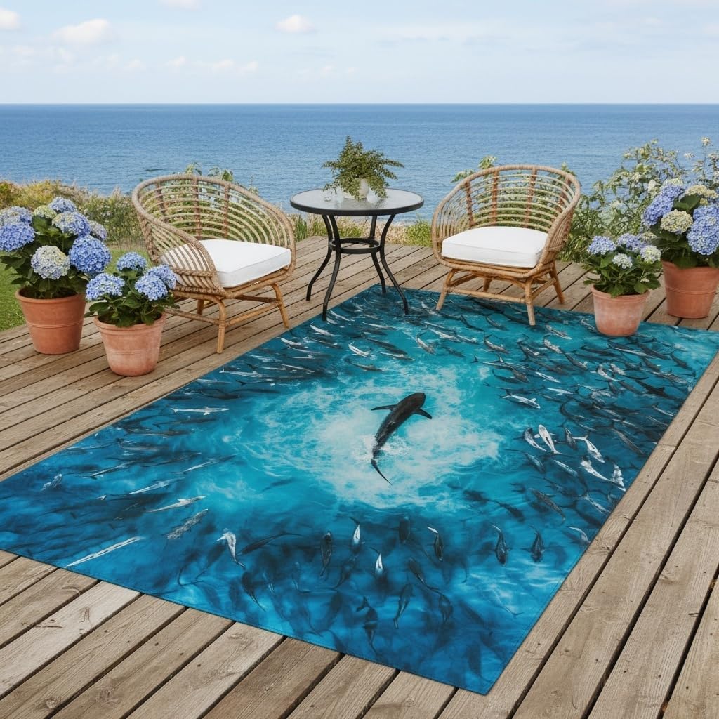 Dark Ocean Blue Coastal Theme Shark Schools Print Waterproof Indoor Outdoor Rug for Patio Pool Deck Backyard Machine Washable No Skid Balcony Garden Outside Rug Kitchen Laundry Floor Carpet 3x5