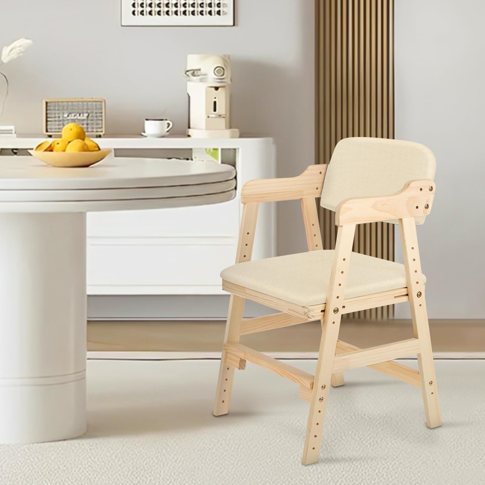Seggiolone Pappa in Legno, Sedia da Bambini per Studio e Mangiare, Altezza Regolabile da 35 a 51 cm, Carico da 90KG, per Bambini 8+ Mesi (48 * 46 * 78 cm - Beige (1 pezzo))