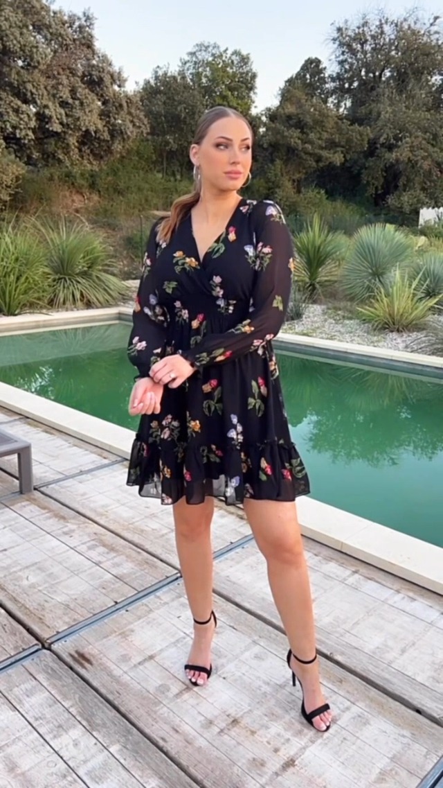 Prettywear Wedding Guest Dresses for Women 2026 Spring Summer Fall Floral  Chiffon Wrap Neck Flowy Mini Long Sleeve Dress Black at Amazon Women's  Clothing store