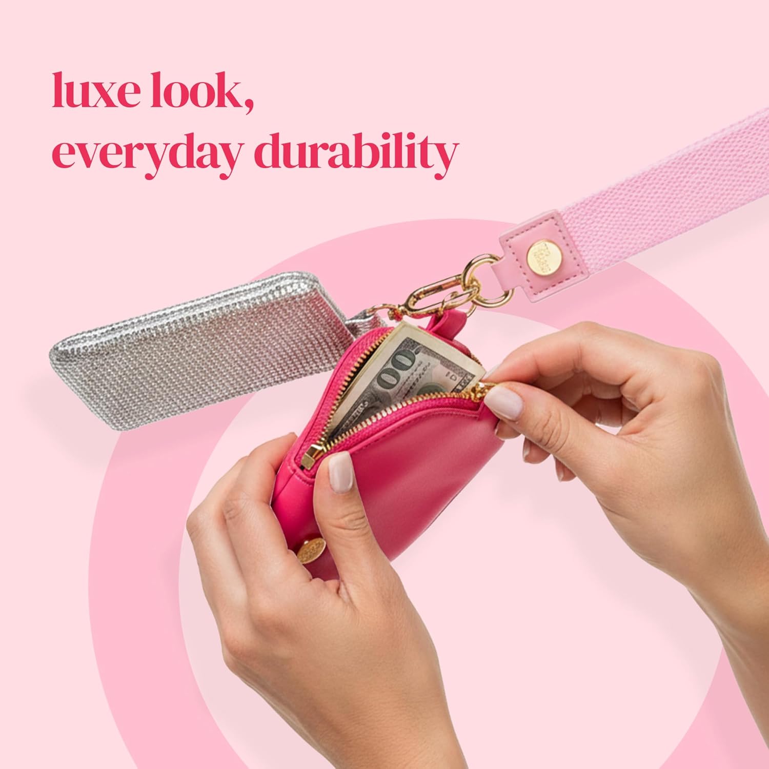 Dynamic Duo Pouch Wristlet – Double Zippered Wristlet with Two Compartments – Stylish Hands-Free Wrist Strap Wallet for Errands, Travel & Night Out Essentials, Pink and Silver - Image 5